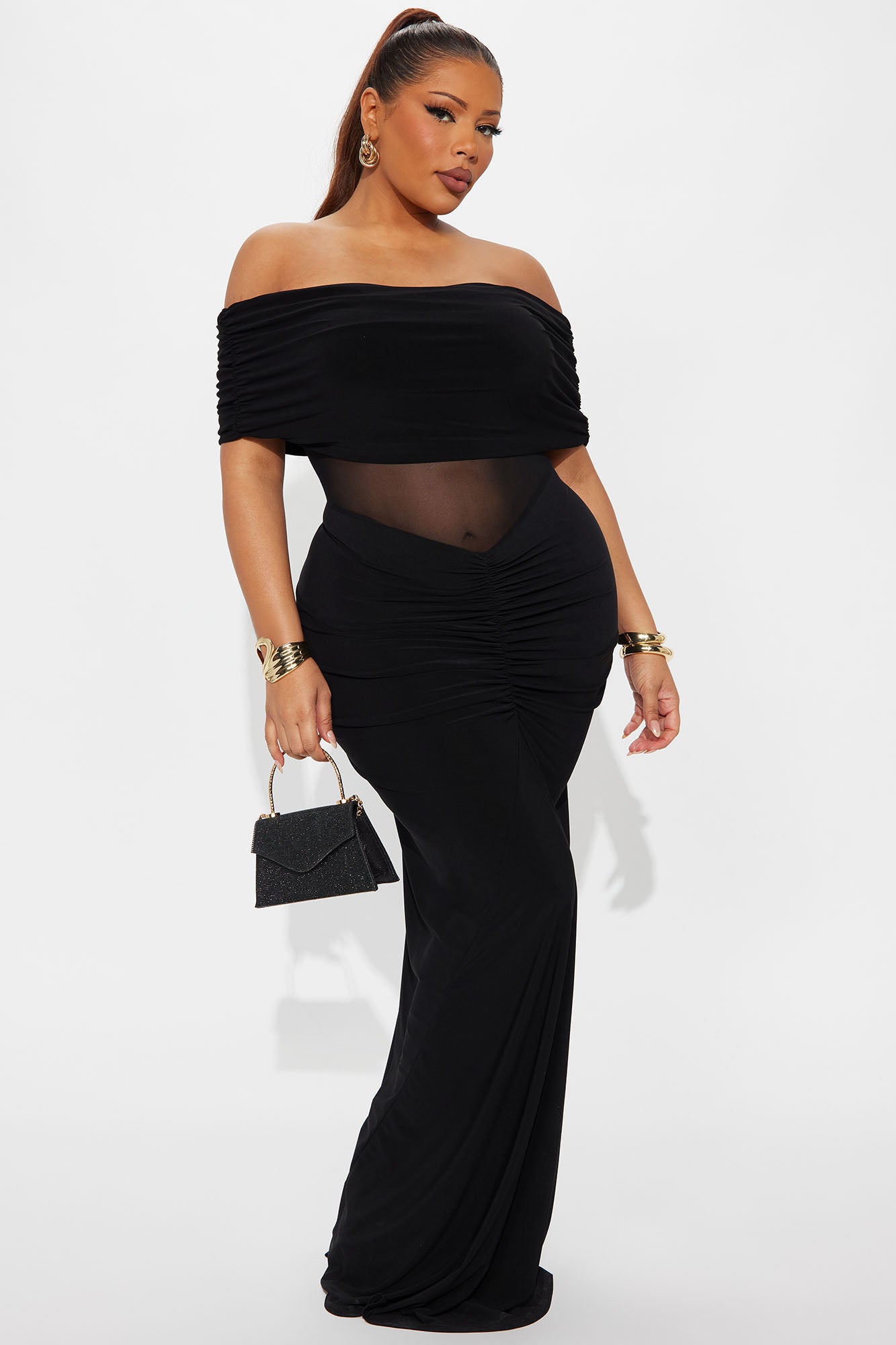 Jesika Ruched Off Shoulder Maxi Dress - Black