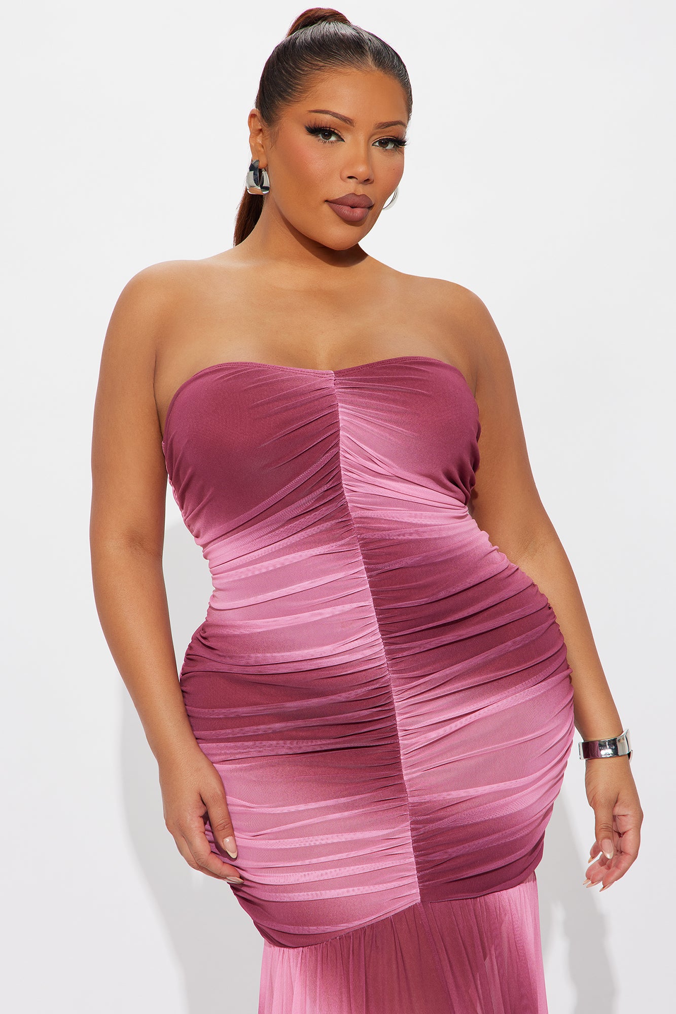 Mabel Strapless Ruched Maxi Dress - Pink/combo