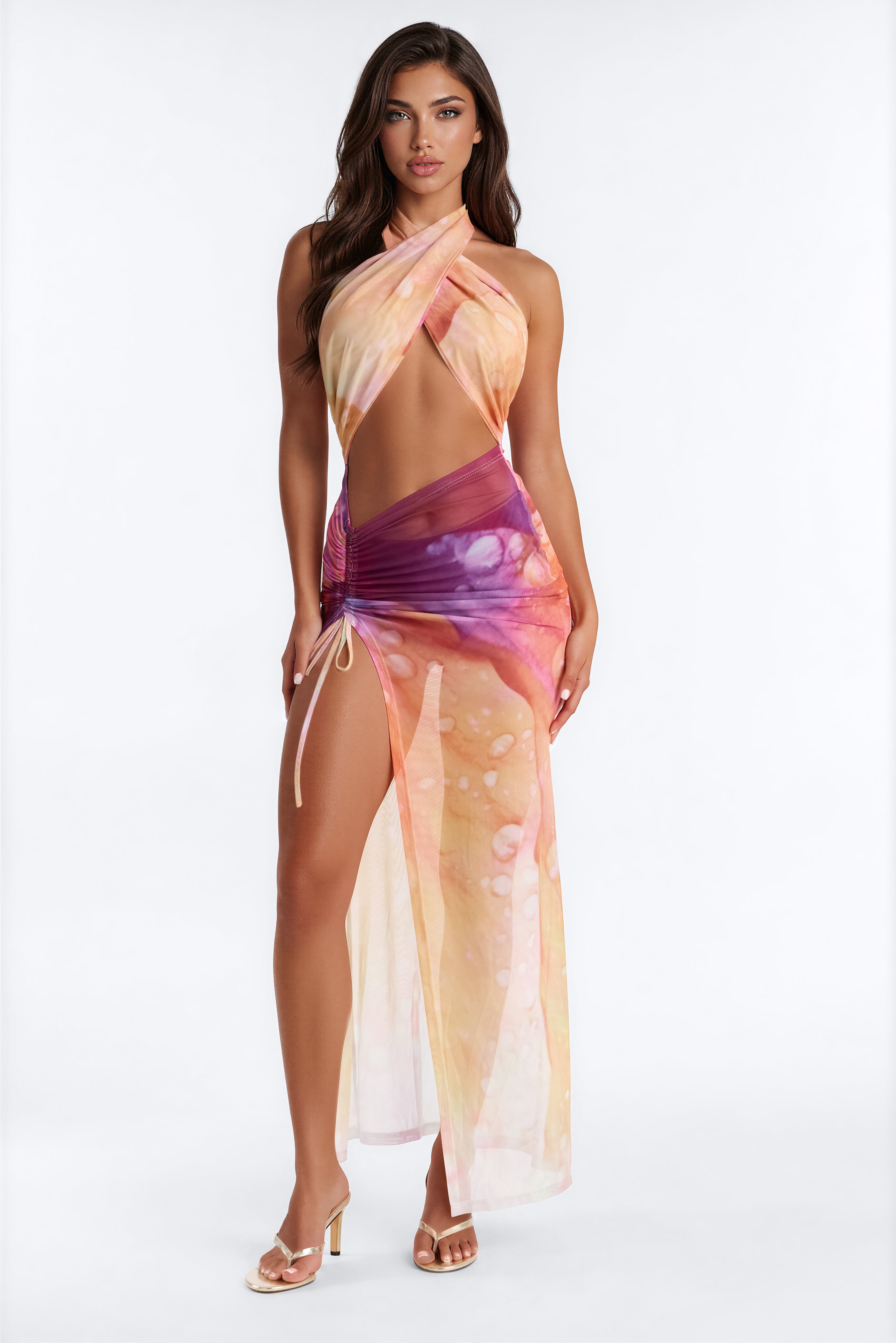 Freya Cut Out Mesh Maxi Dress - Purple/combo