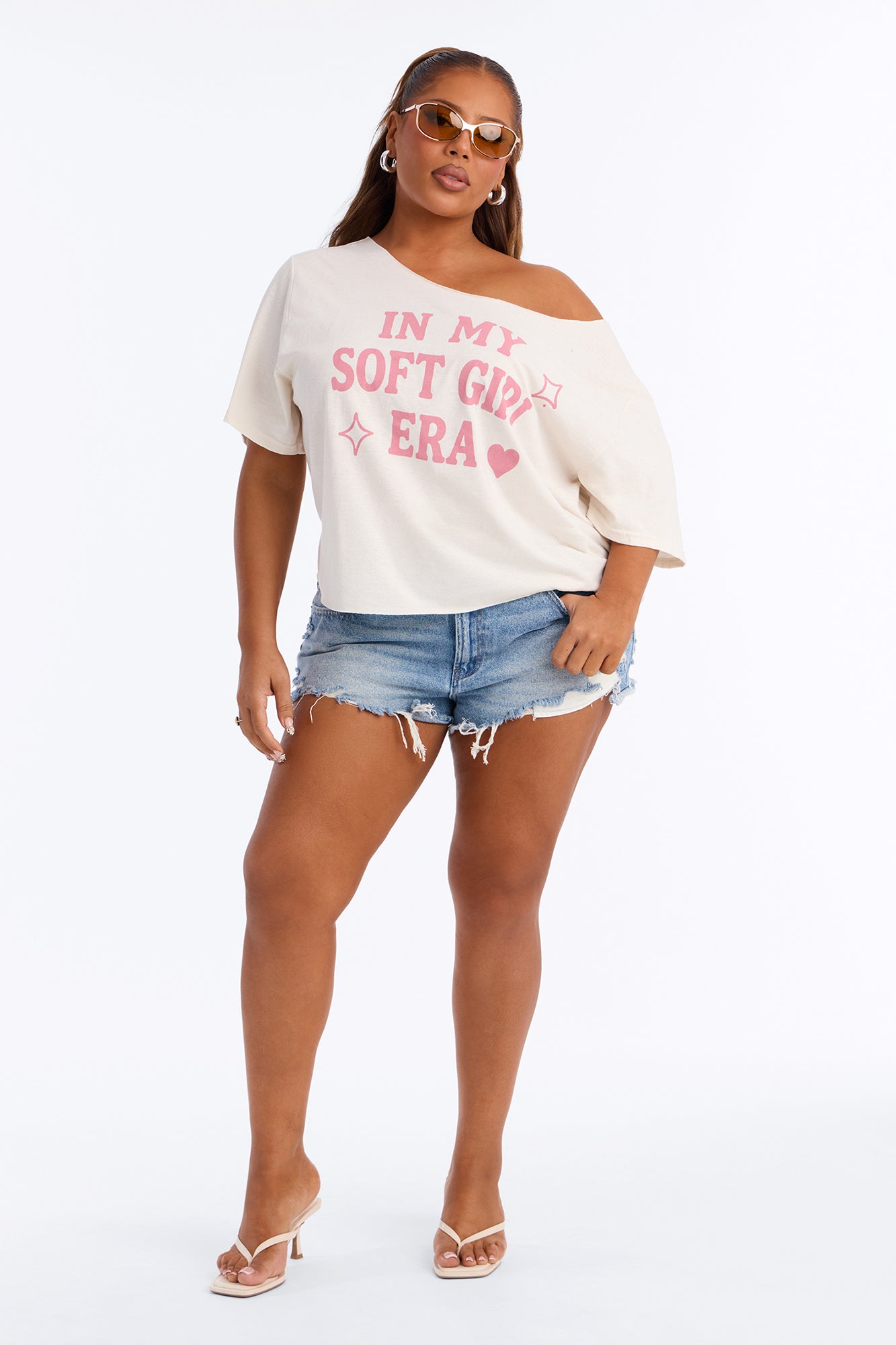 Soft Girl Era Off Shoulder Tee - Cream