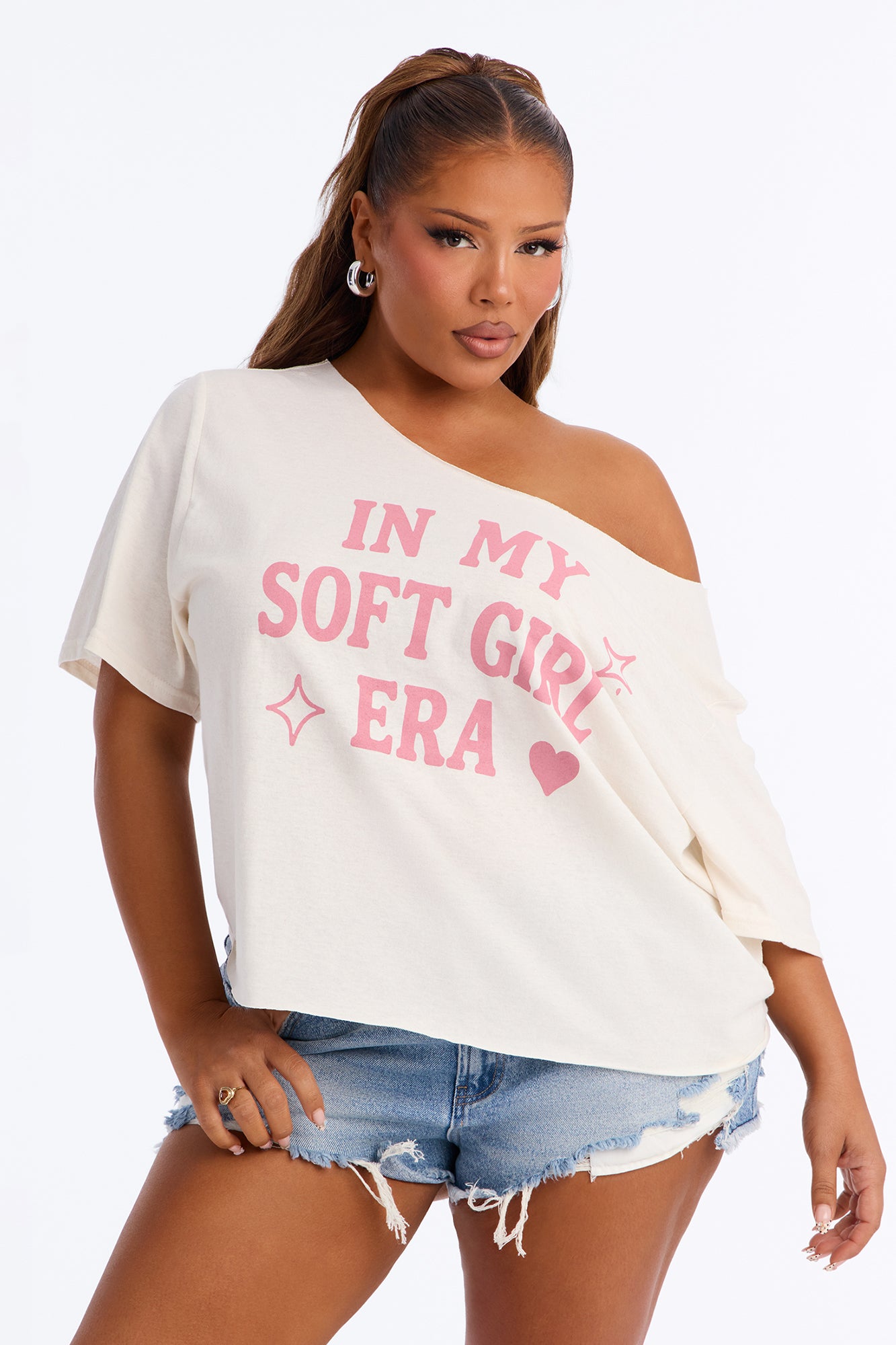 Soft Girl Era Off Shoulder Tee - Cream