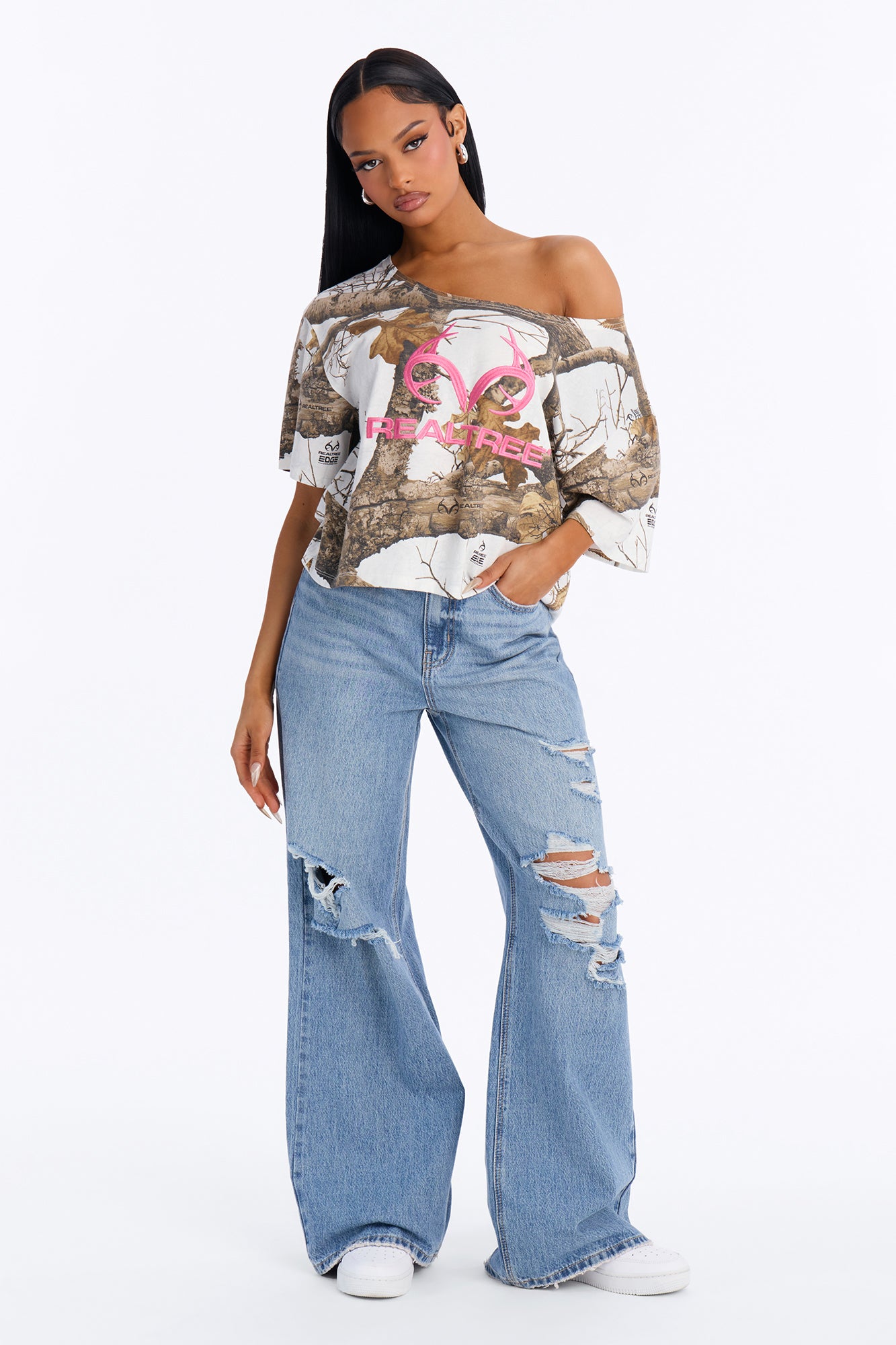 Realtree Logo Off Shoulder Tee - White/combo