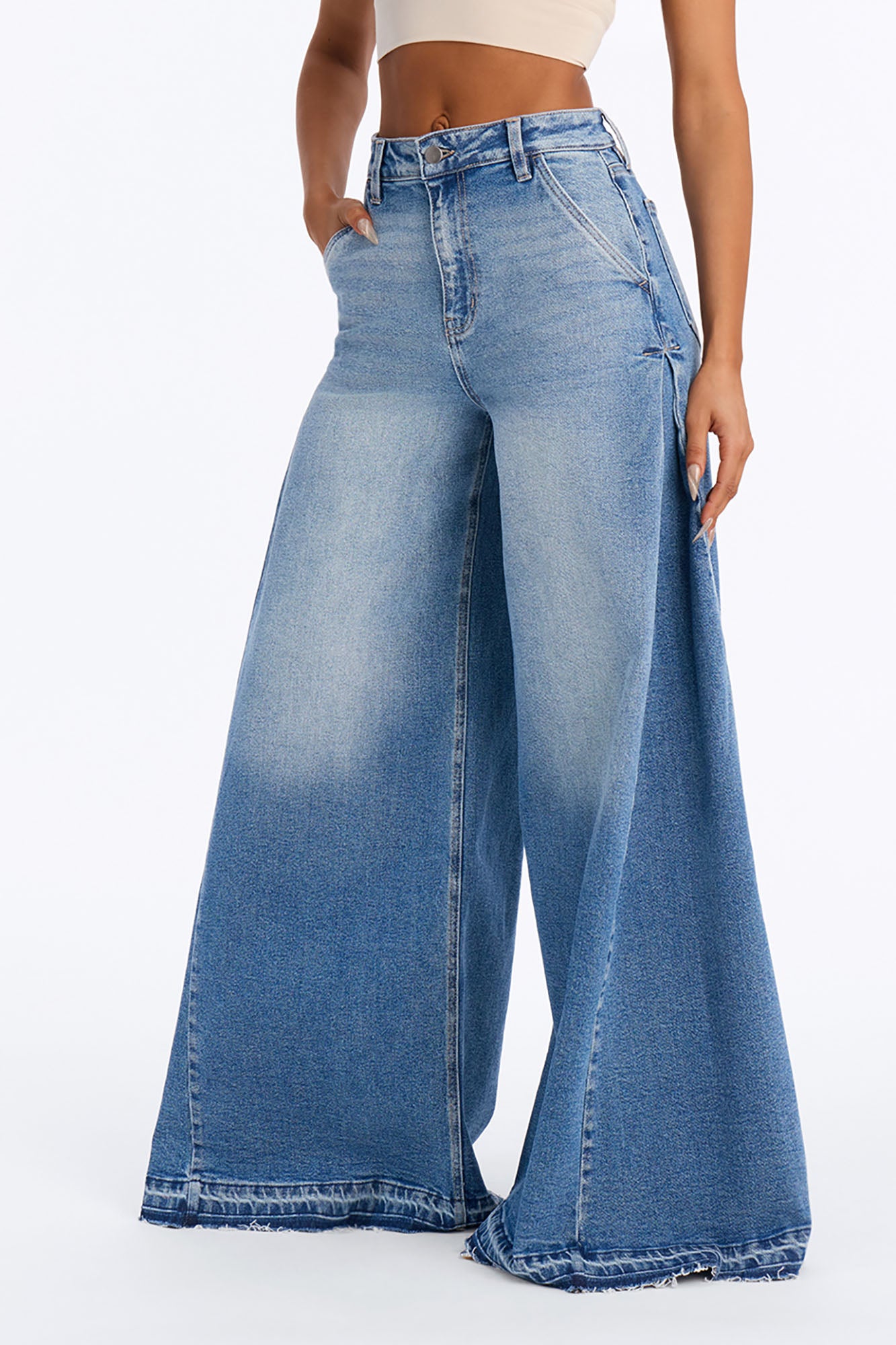 Coastline Pleated Stretch Wide Leg Jeans - Medium Wash