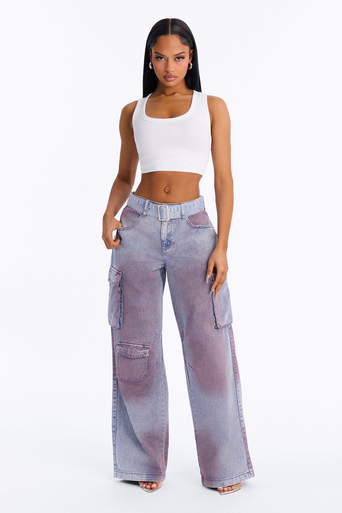 Step Out Mid Rise Washed Belted Cargo Pants - Blue