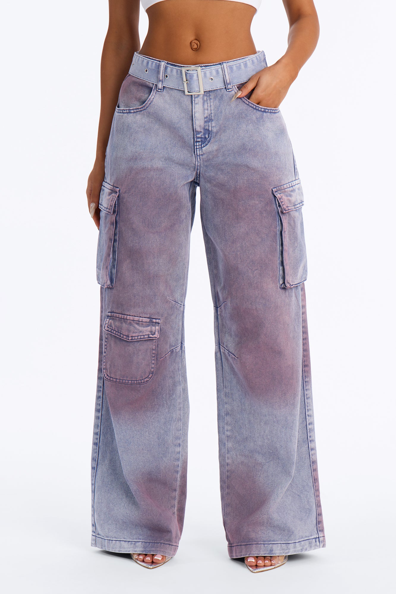 Step Out Mid Rise Washed Belted Cargo Pants - Blue