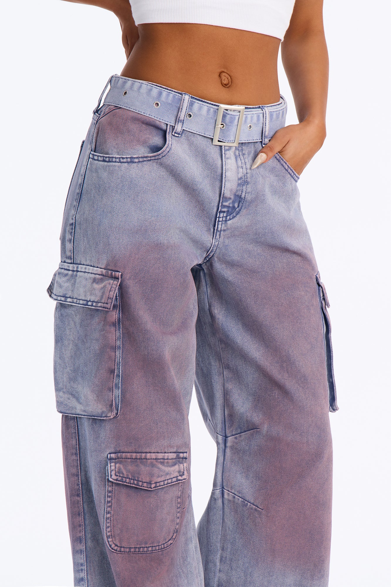 Step Out Mid Rise Washed Belted Cargo Pants - Blue