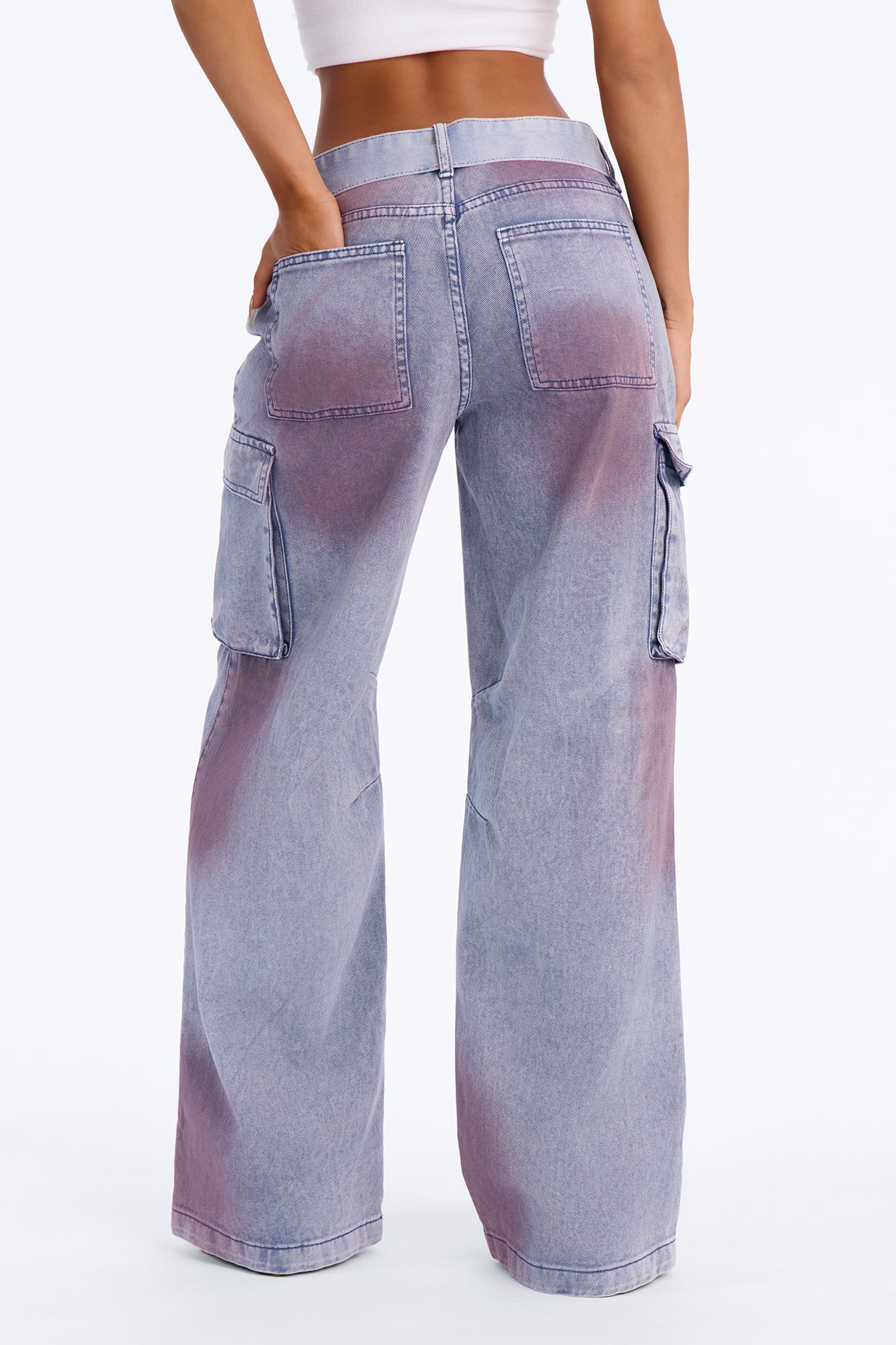 Step Out Mid Rise Washed Belted Cargo Pants - Blue
