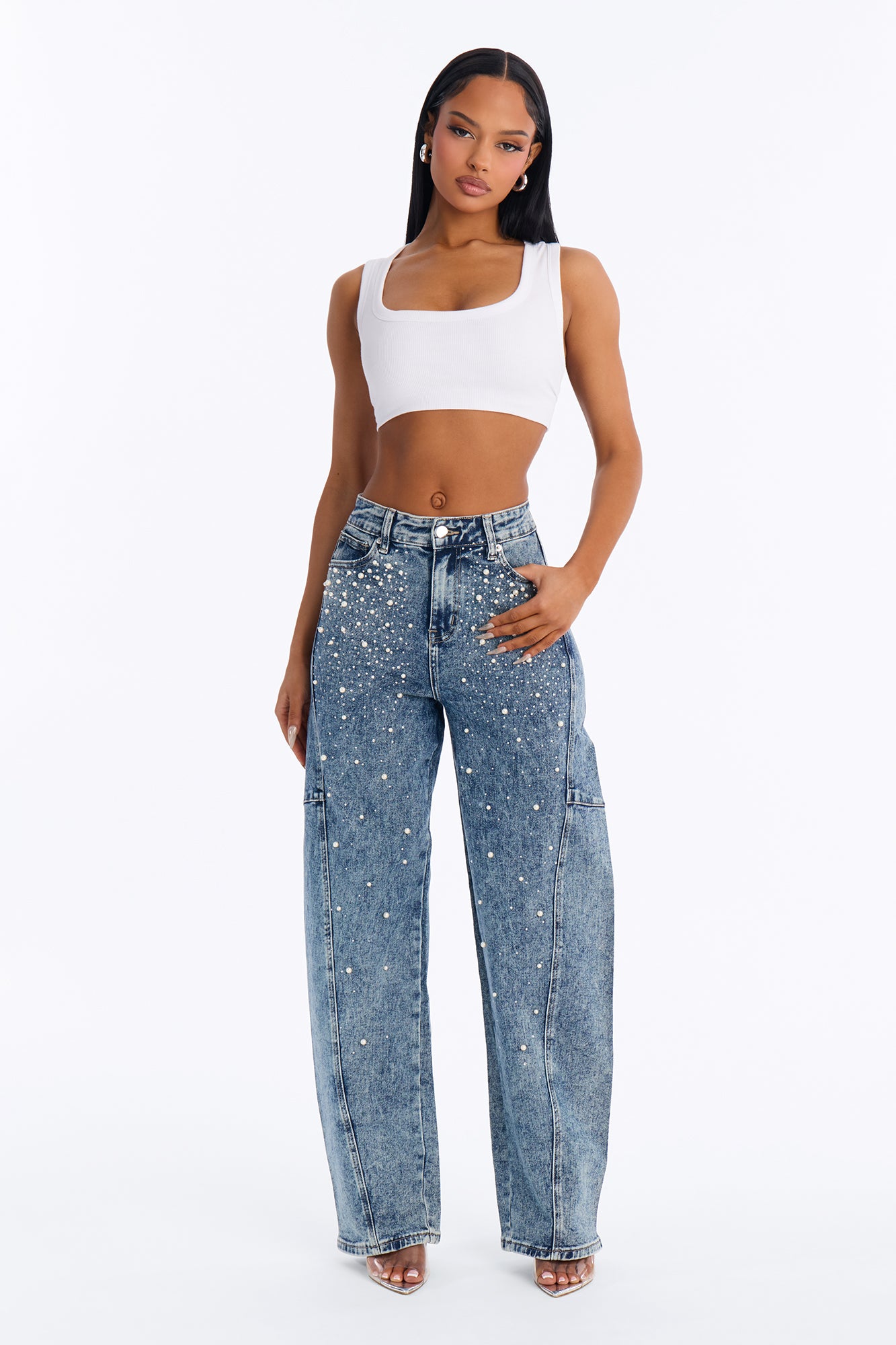 Clutching Her Pearls Embellished Loose Fit Jeans - Dark Wash