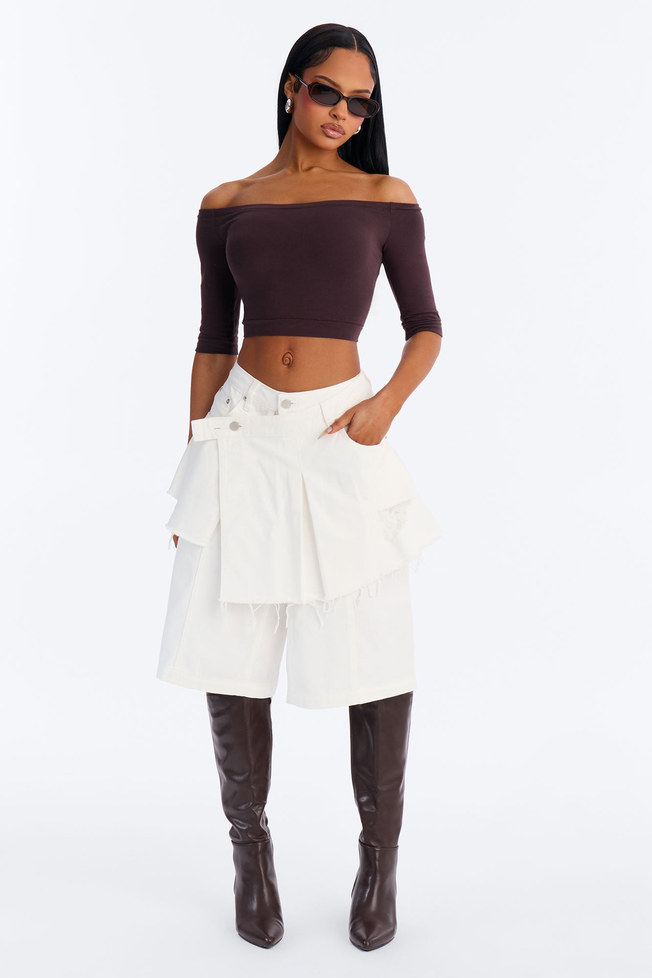 Peyton Skirt Overlay Ripped Culotte Jeans - White