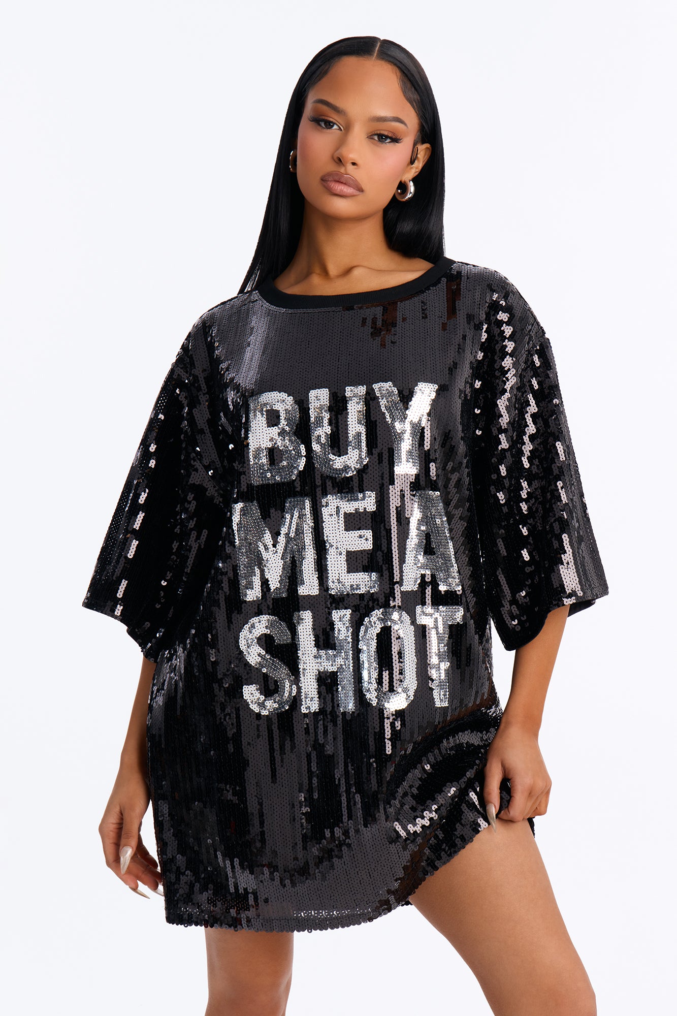Buy Me A Shot Sequin Shirt Mini Dress - Black