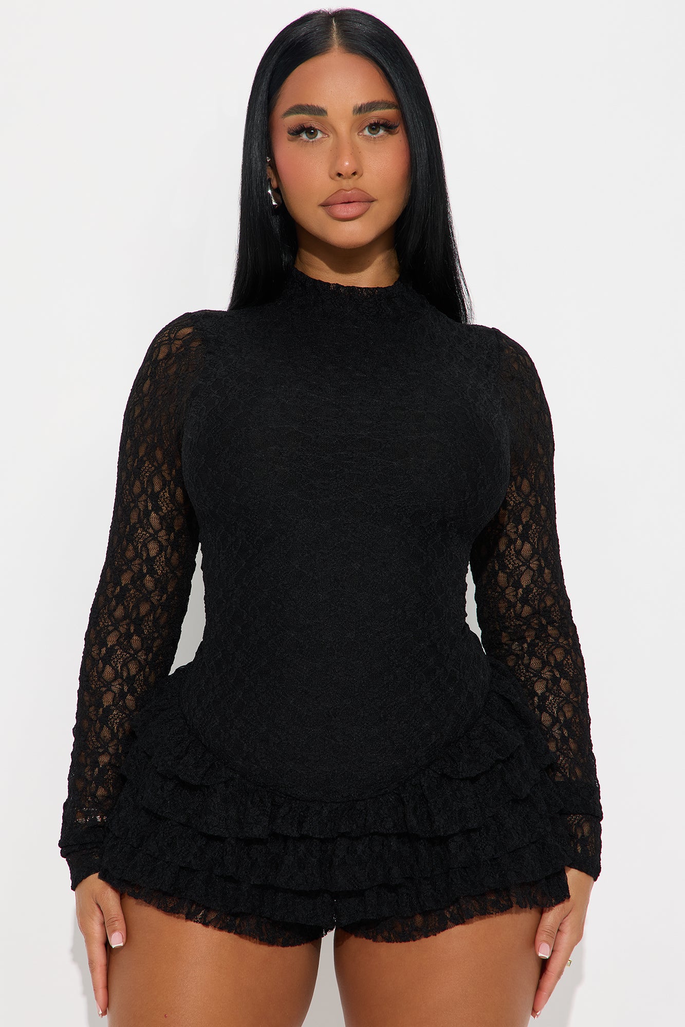 Cassie Lace Ruffle Romper - Black