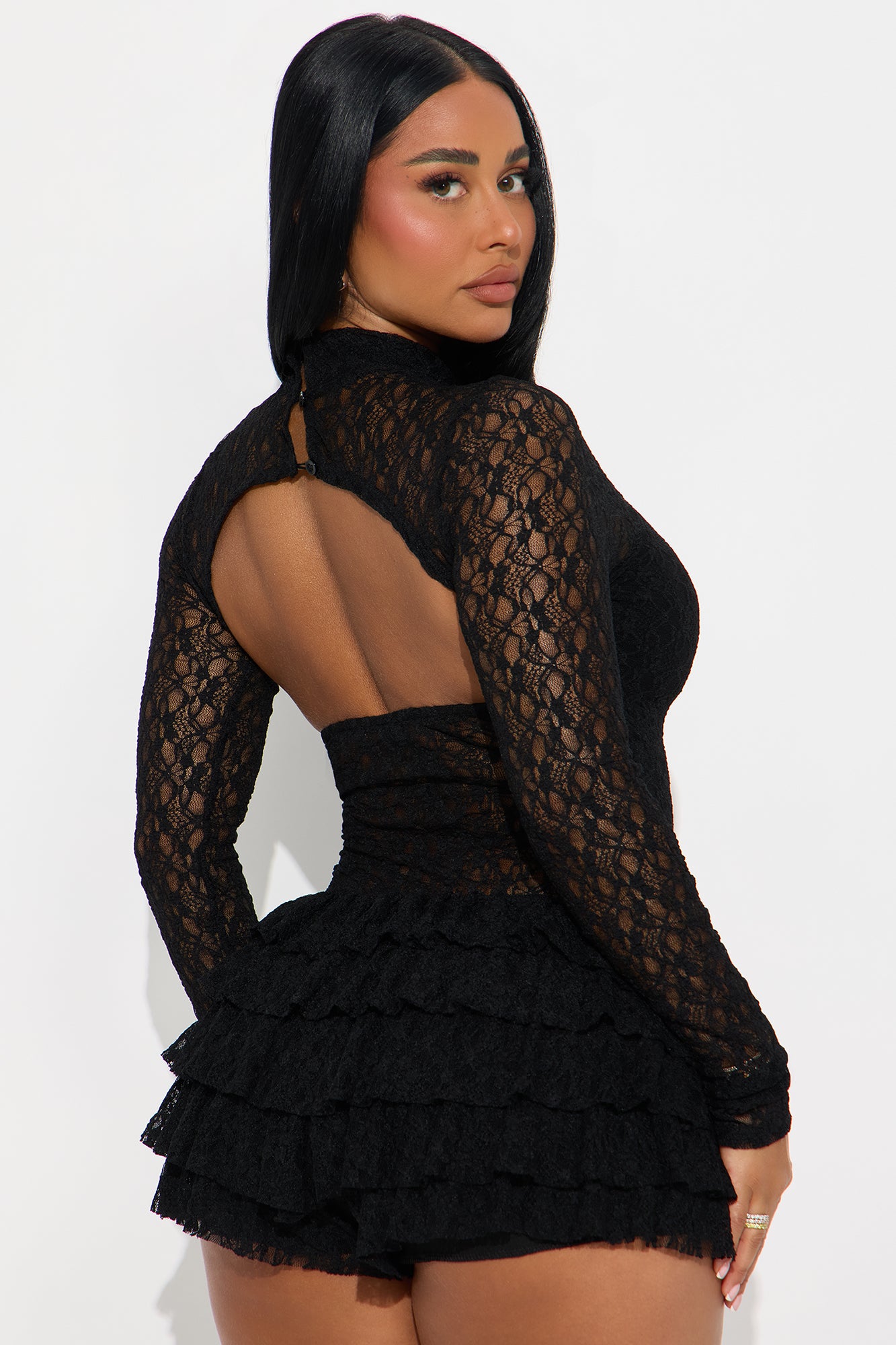 Cassie Lace Ruffle Romper - Black