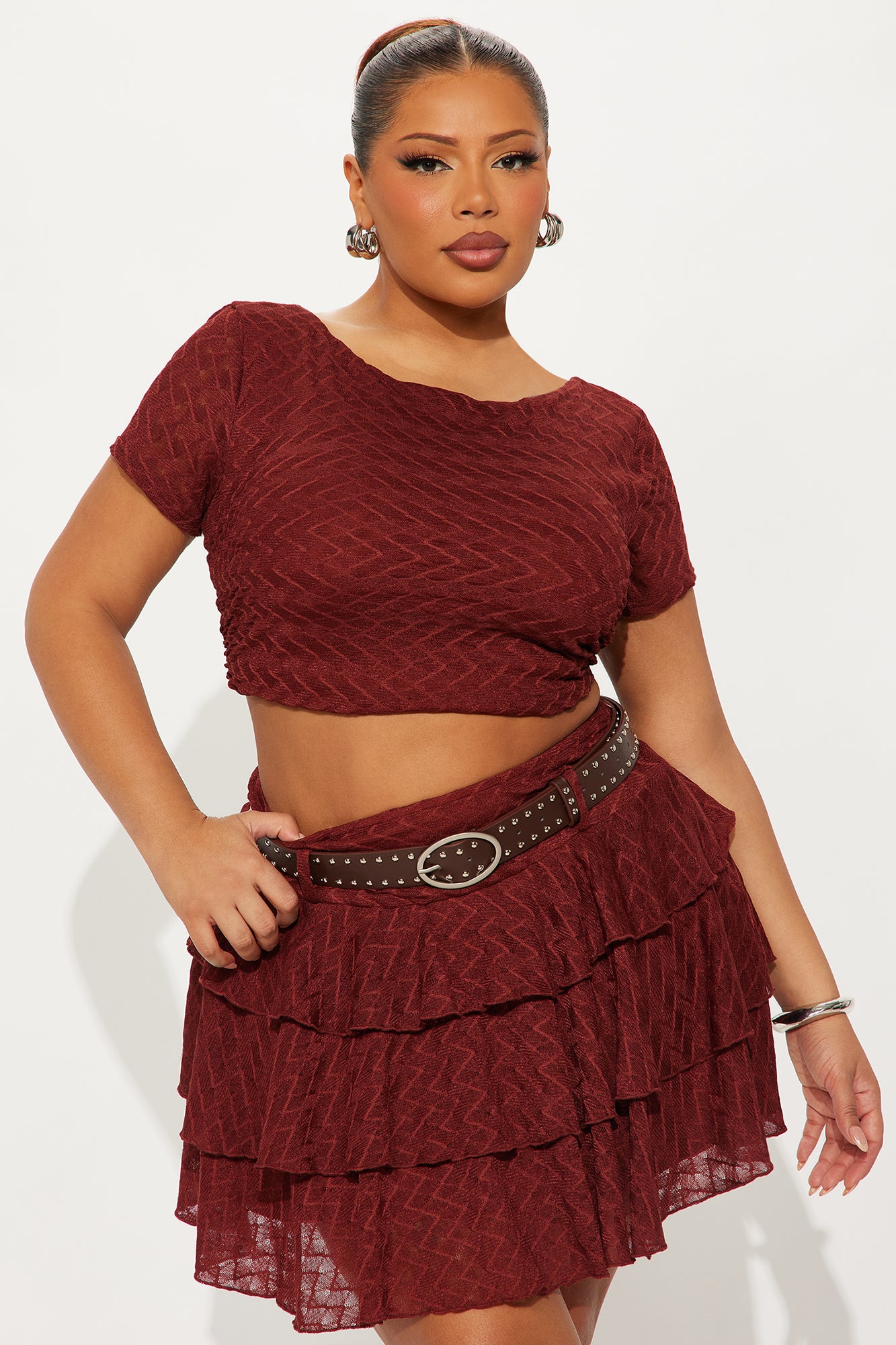 Night Out Belted Lace Mini Skirt Set - Rust