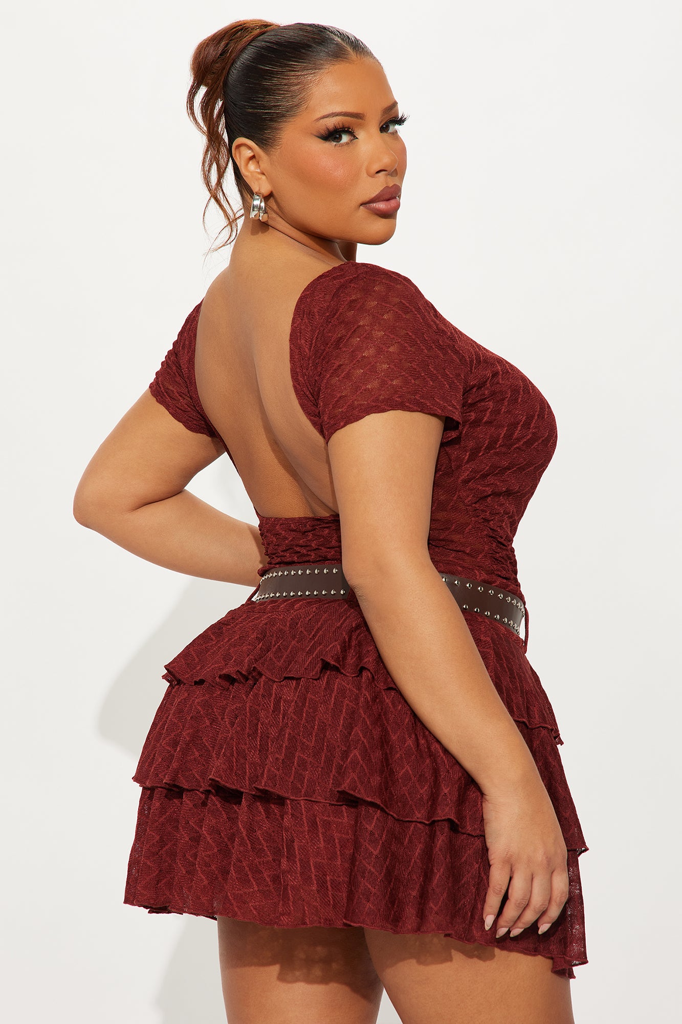 Night Out Belted Lace Mini Skirt Set - Rust