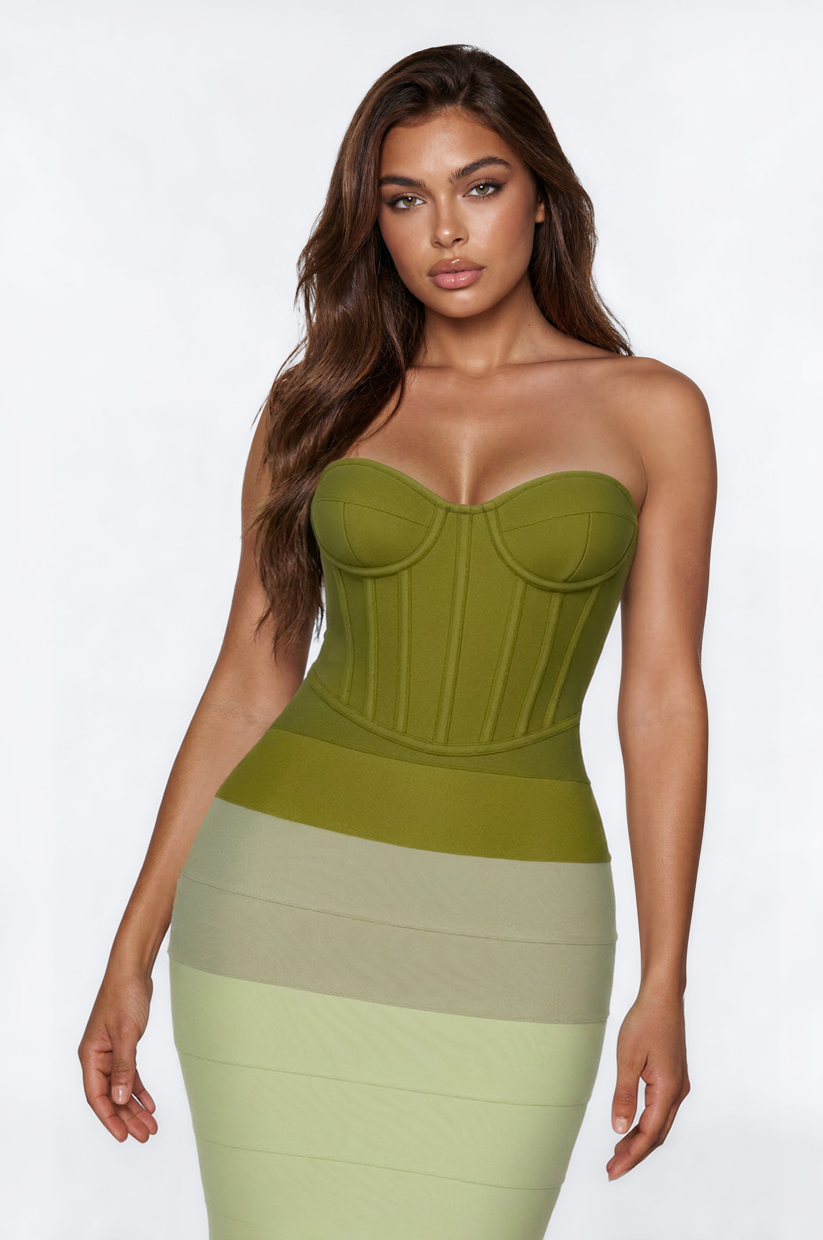 Runway Behavior Bandage Midi Dress - Olive/combo