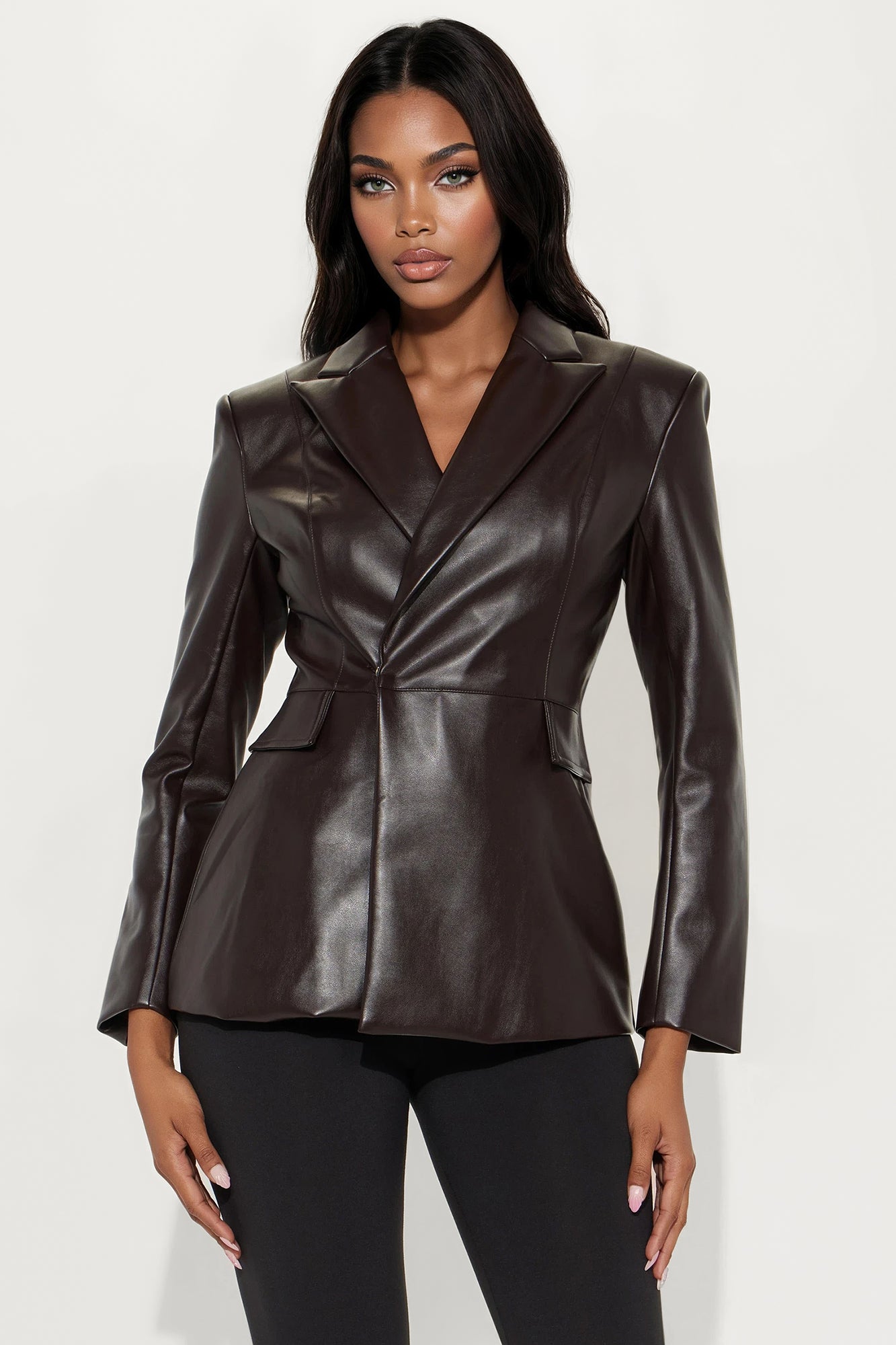 Myra Faux Leather Hourglass Blazer - Chocolate
