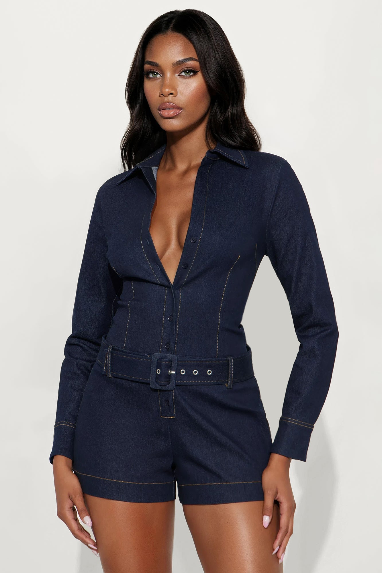 Francesca Denim Long Sleeve Romper - Dark Wash