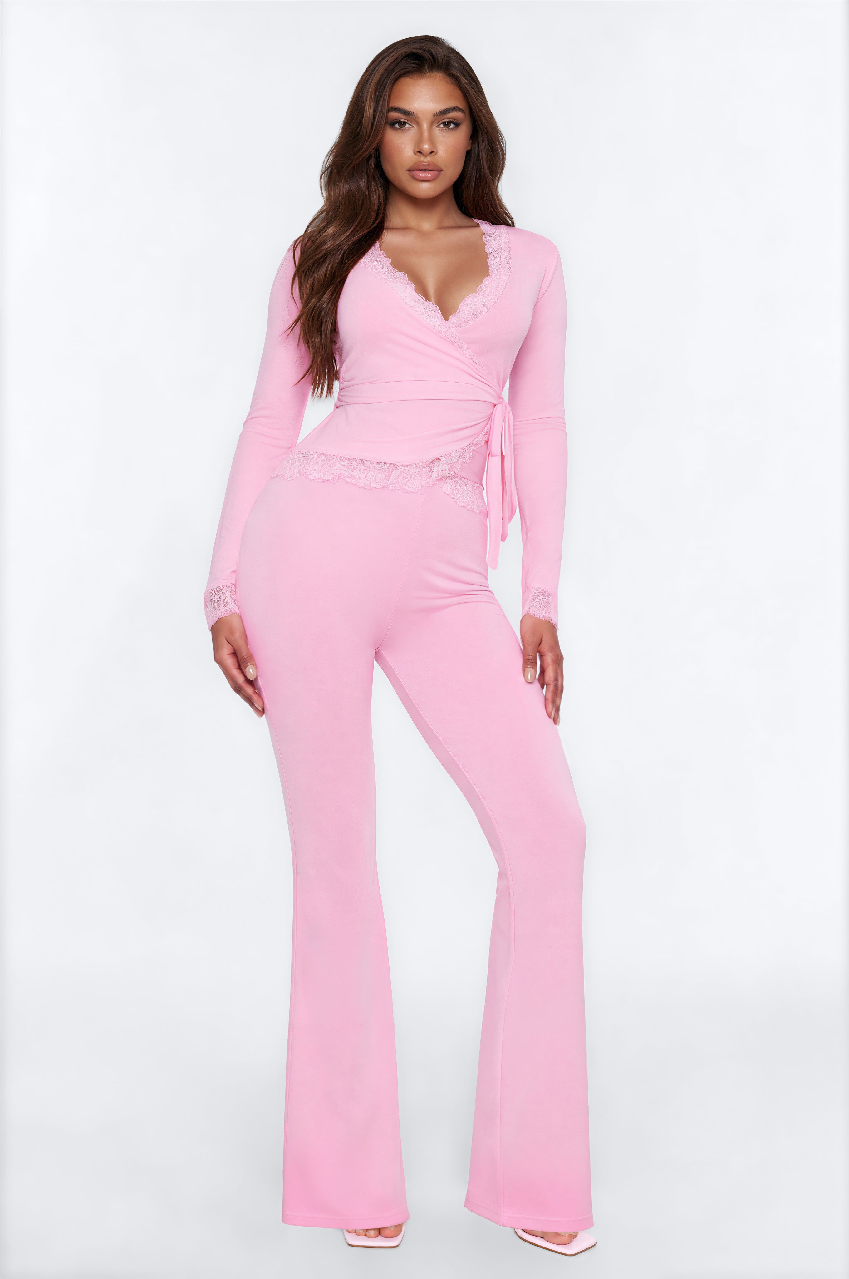 Danielle Lace Trim Wrap Pant Set - Pink