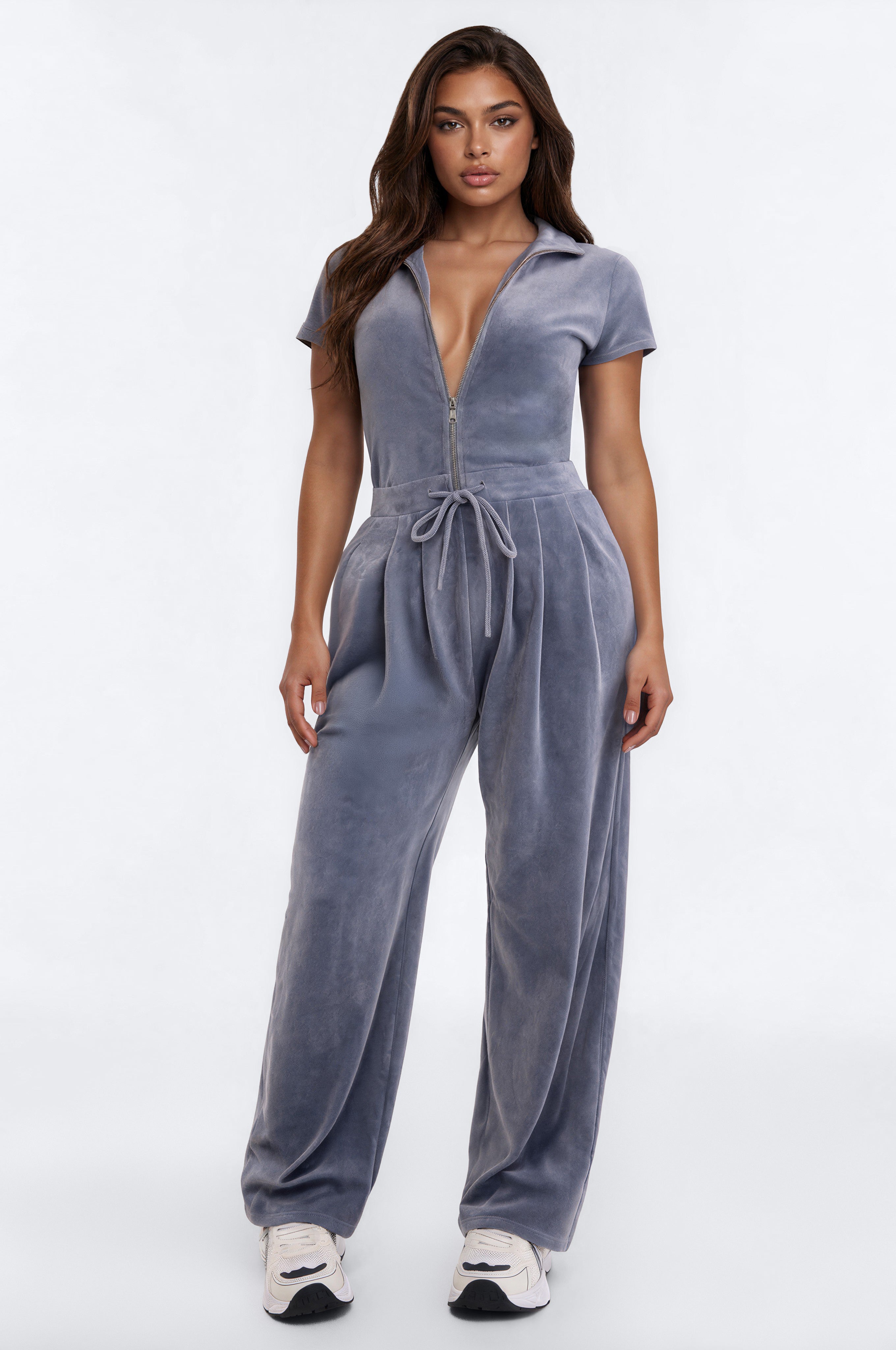 Mel Velour Zip Front Jumpsuit - Charcoal