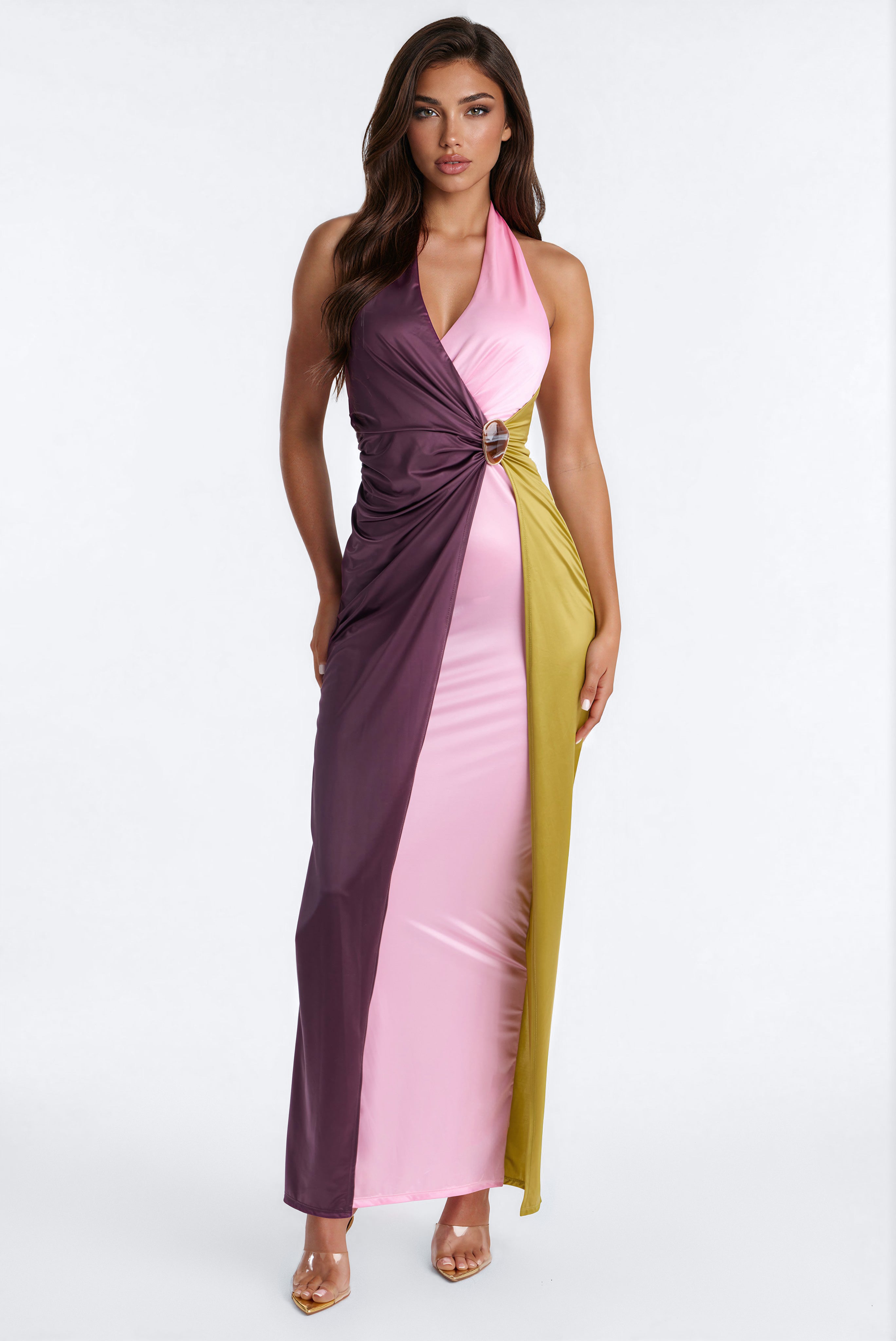 Lilia Satin Colorblock Maxi Dress - Mauve/combo