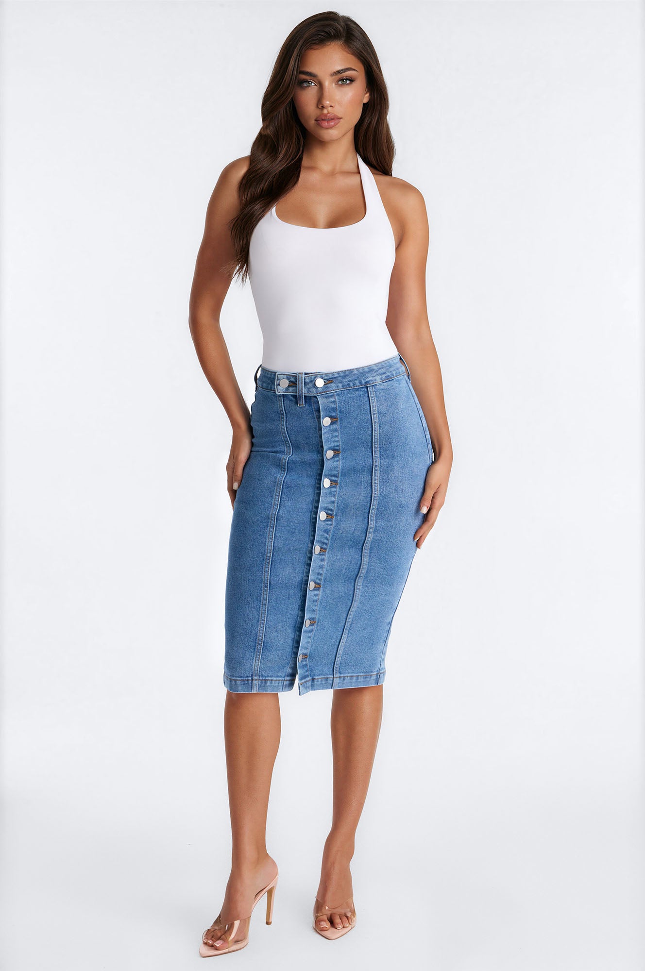 Right On The Line Denim Midi Skirt - Medium Wash