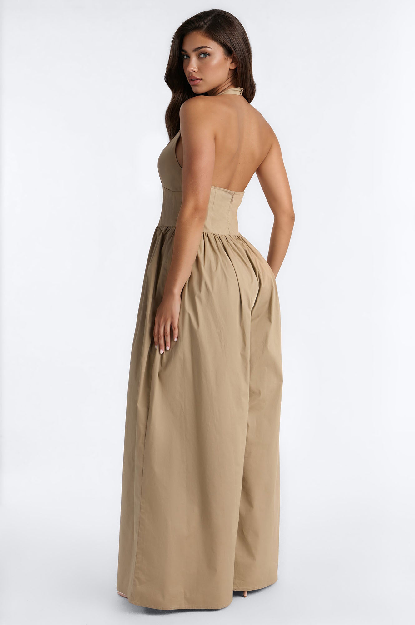 Lighter Than Air Poplin Halter Jumpsuit - Khaki