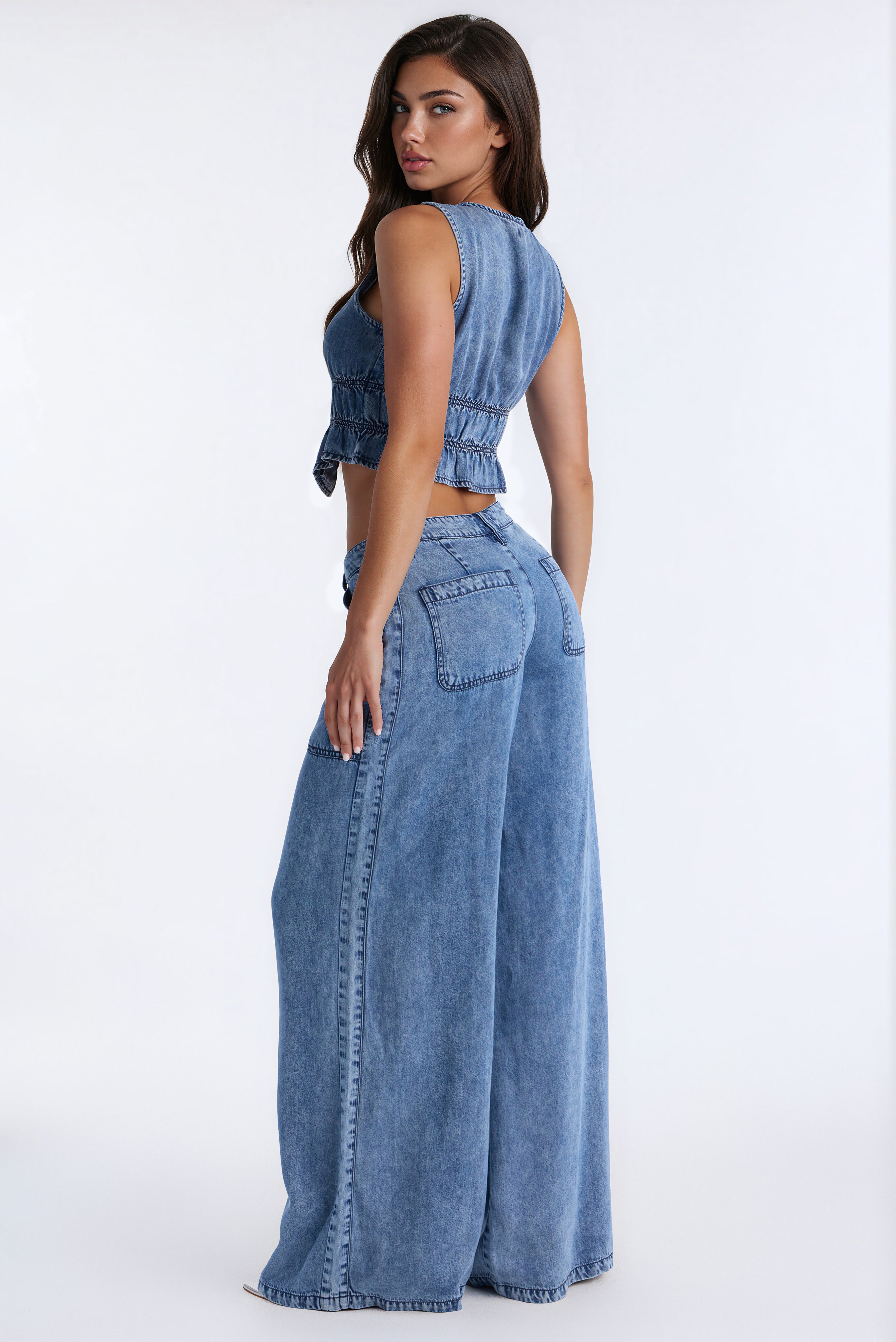 Sophia Ruched Waist Chambray Pant Set - Medium Wash