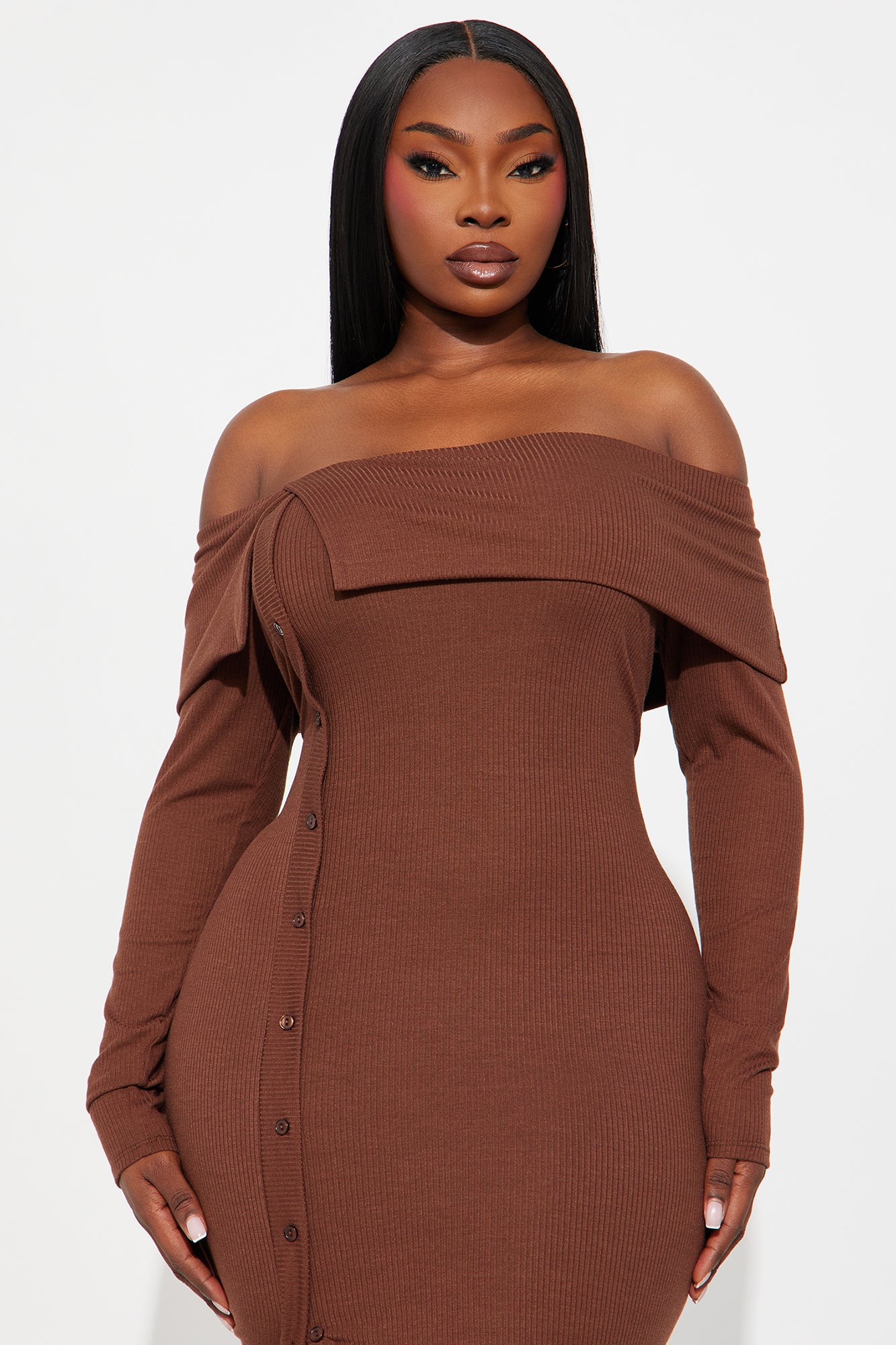 Leilani Off Shoulder Sweater Midi Dress - Chocolate