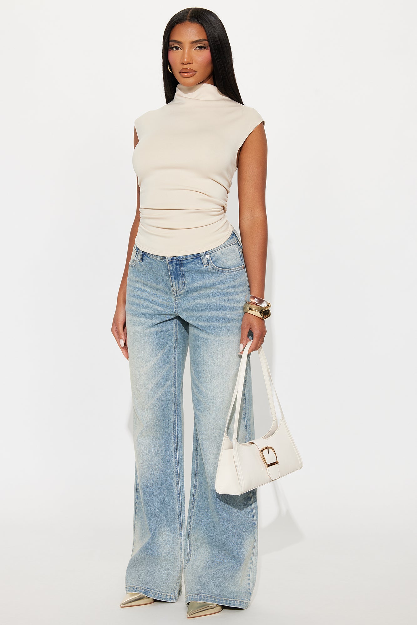 Rodeo Ruched Mock Neck Top - Cream
