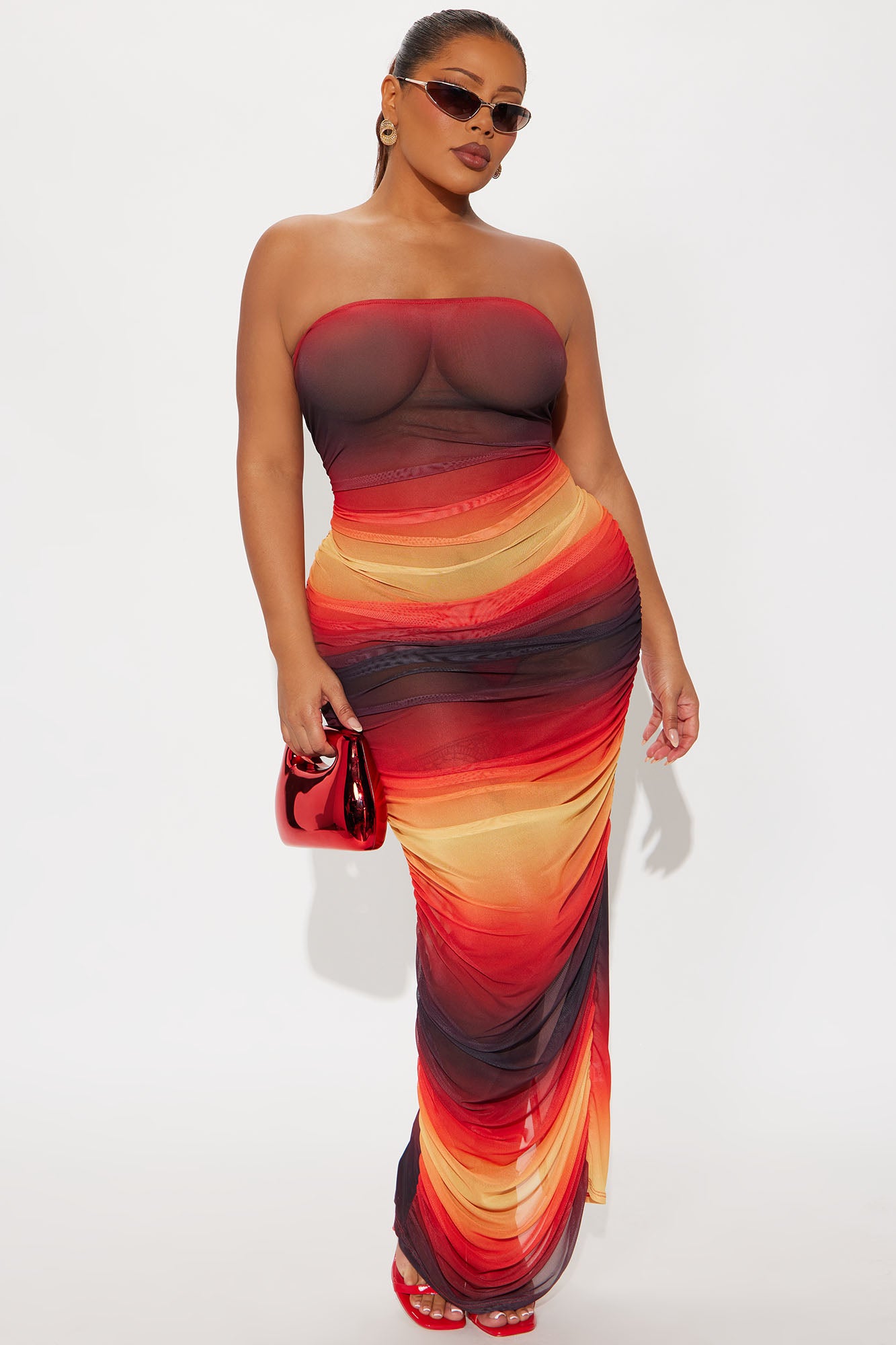 Sunset View Mesh Ruched Maxi Dress - Red/combo