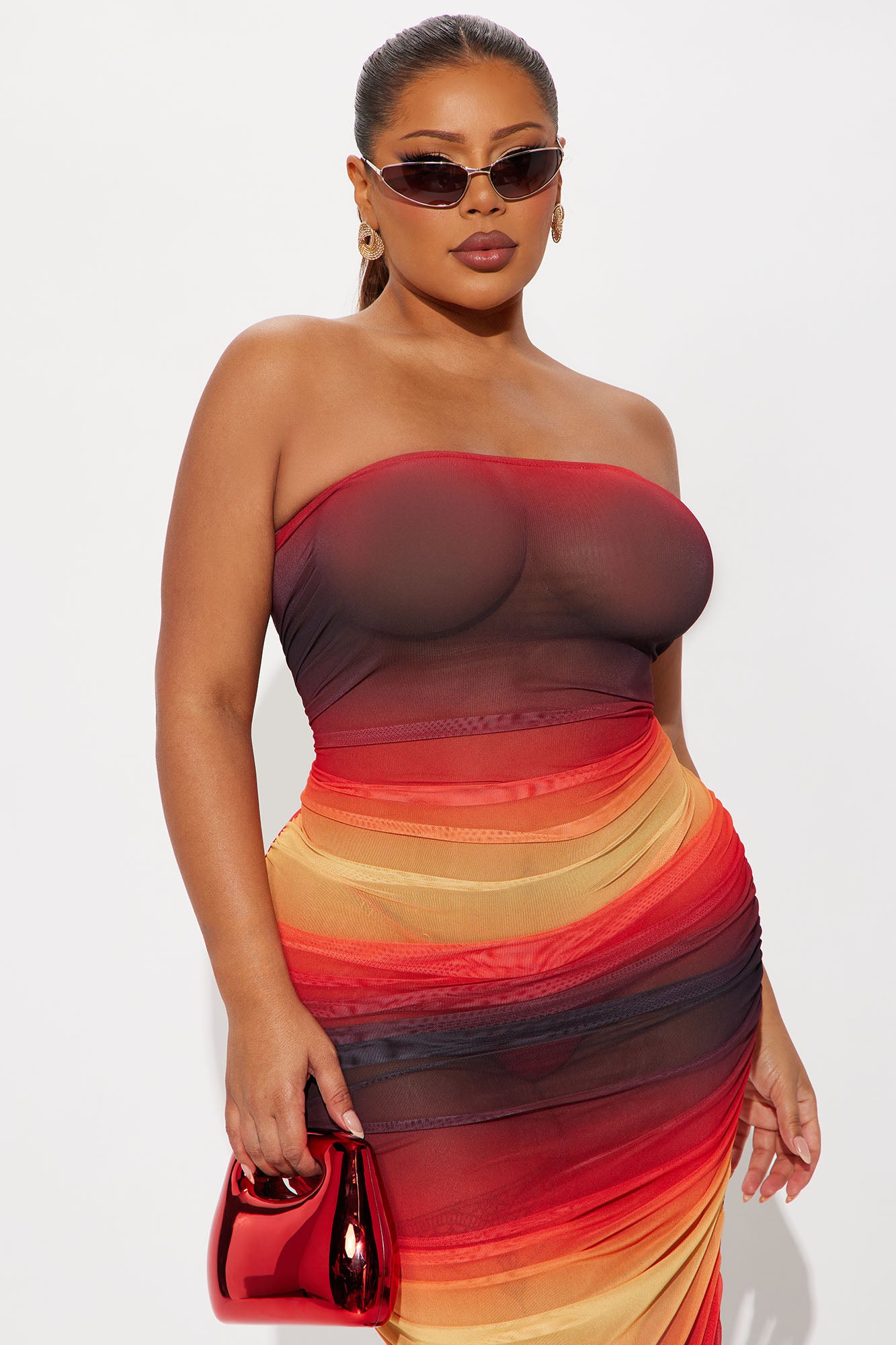 Sunset View Mesh Ruched Maxi Dress - Red/combo