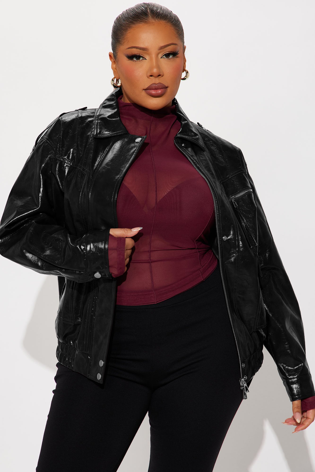 Follow My Lead Faux Leather Oversized Bomber Jacket - Black