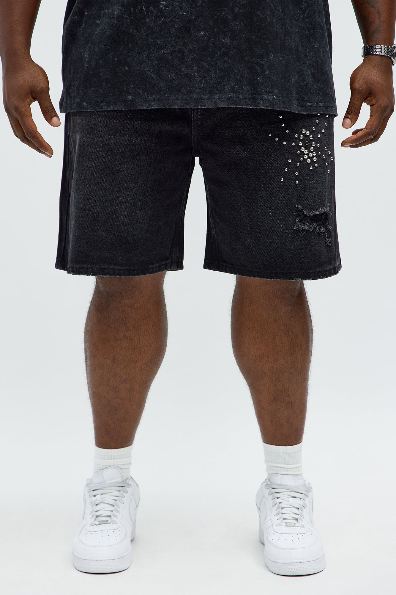 Relaxed Studded Spider Denim Shorts - Black Wash