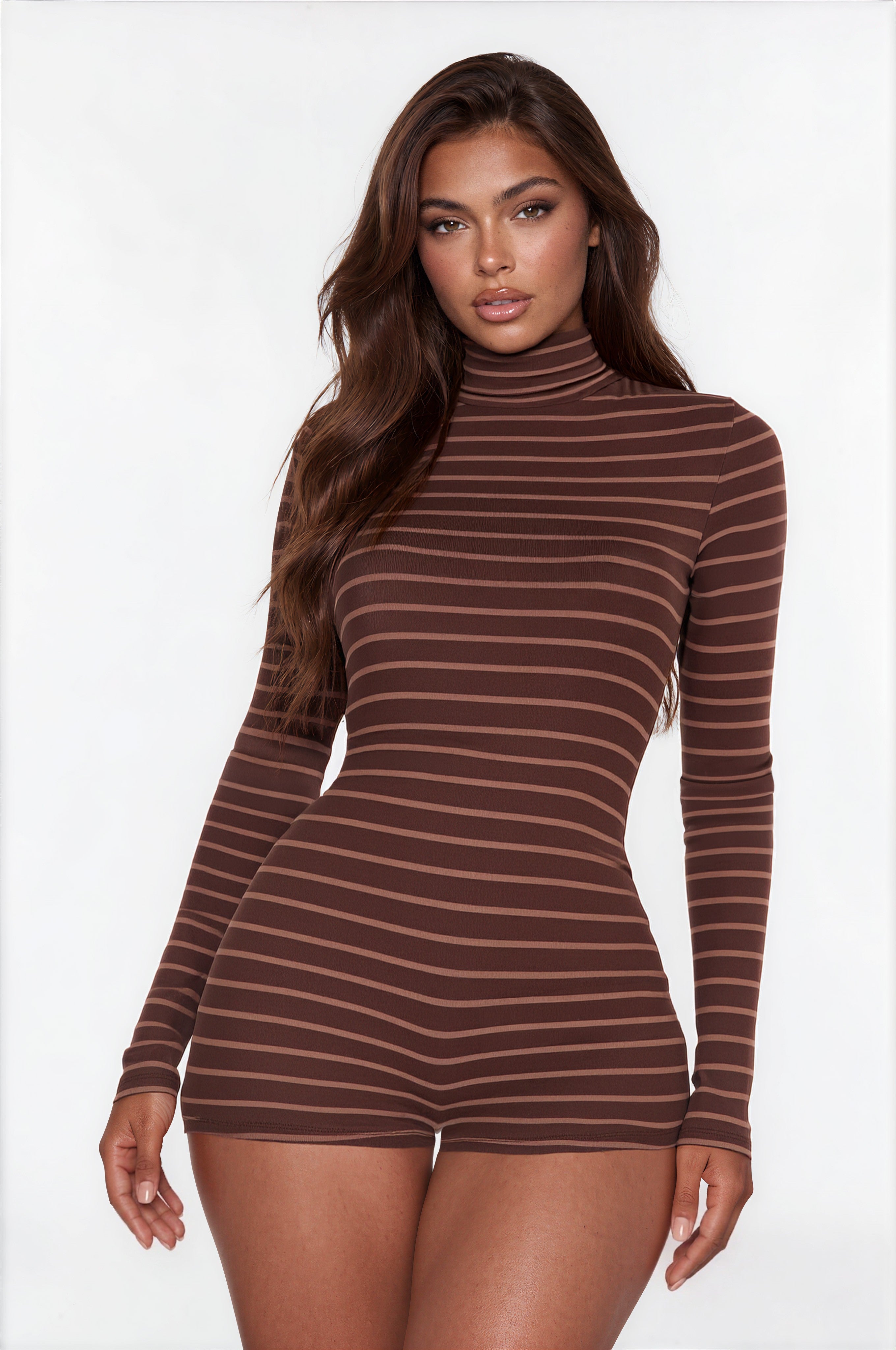 Sienna Turtleneck Long Sleeve Striped Romper - Brown