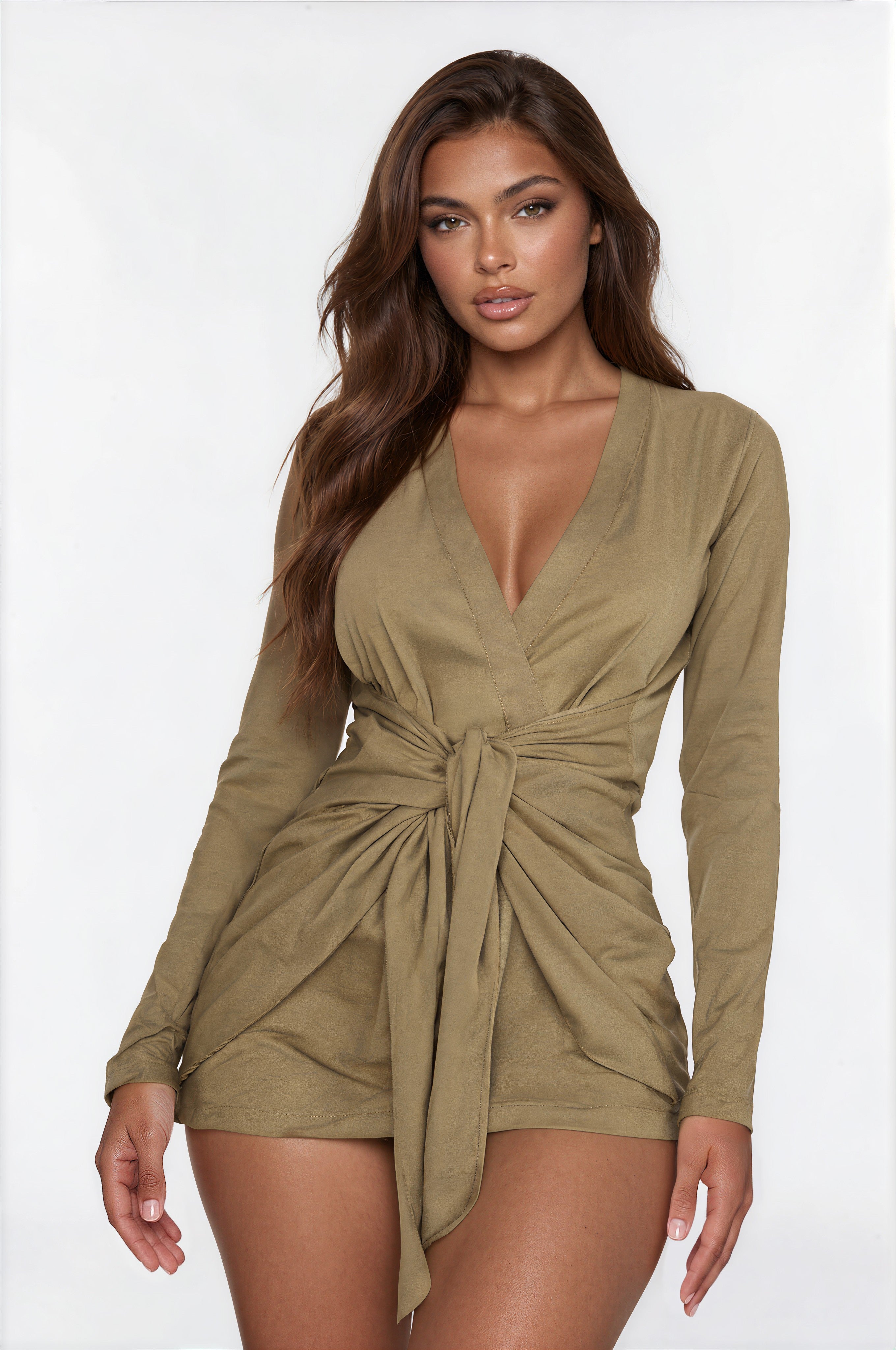 Talia Tie Front Mini Dress - Olive