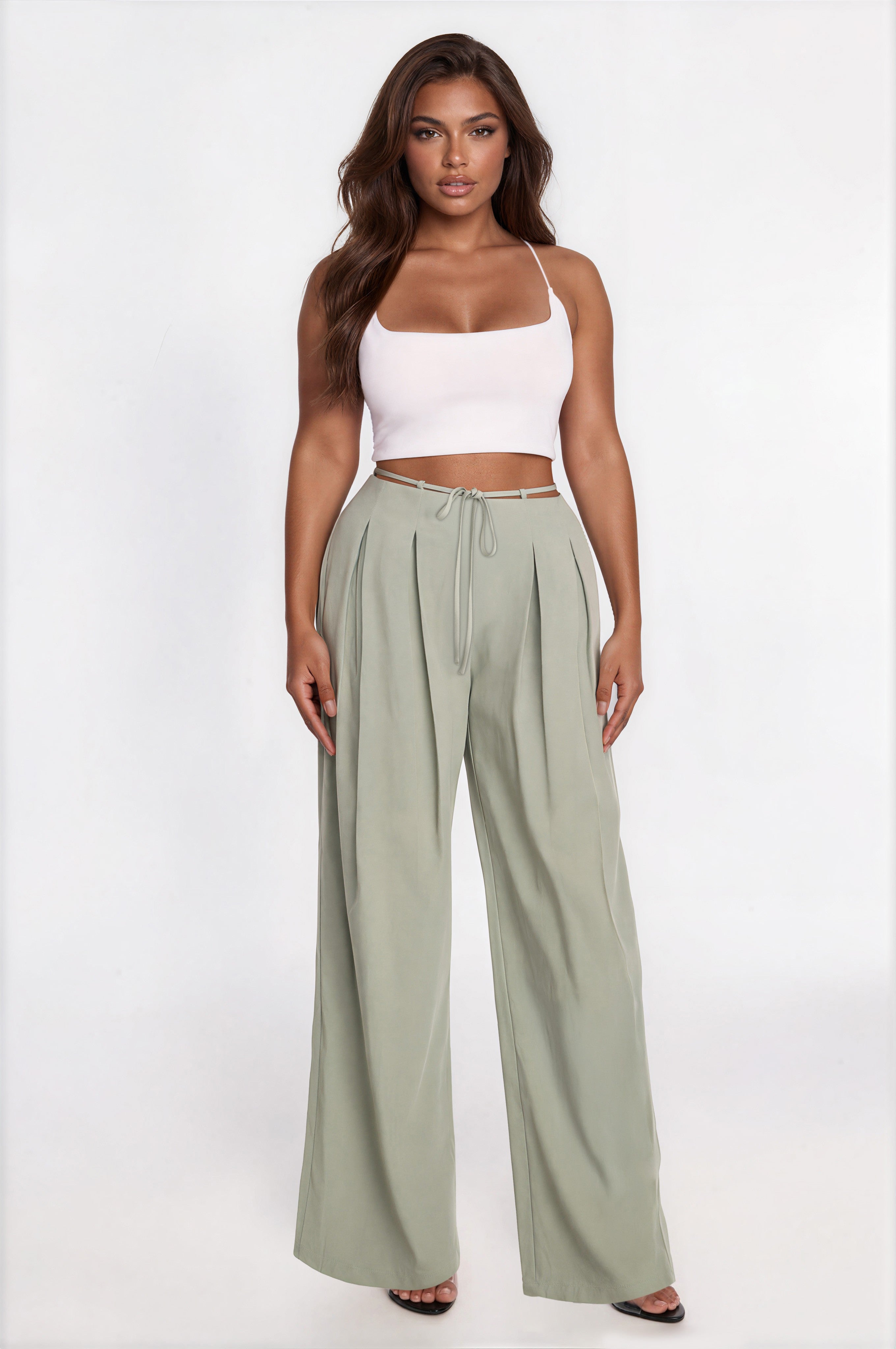 Halle High Rise Tie Waist Pleated Trouser - Sage