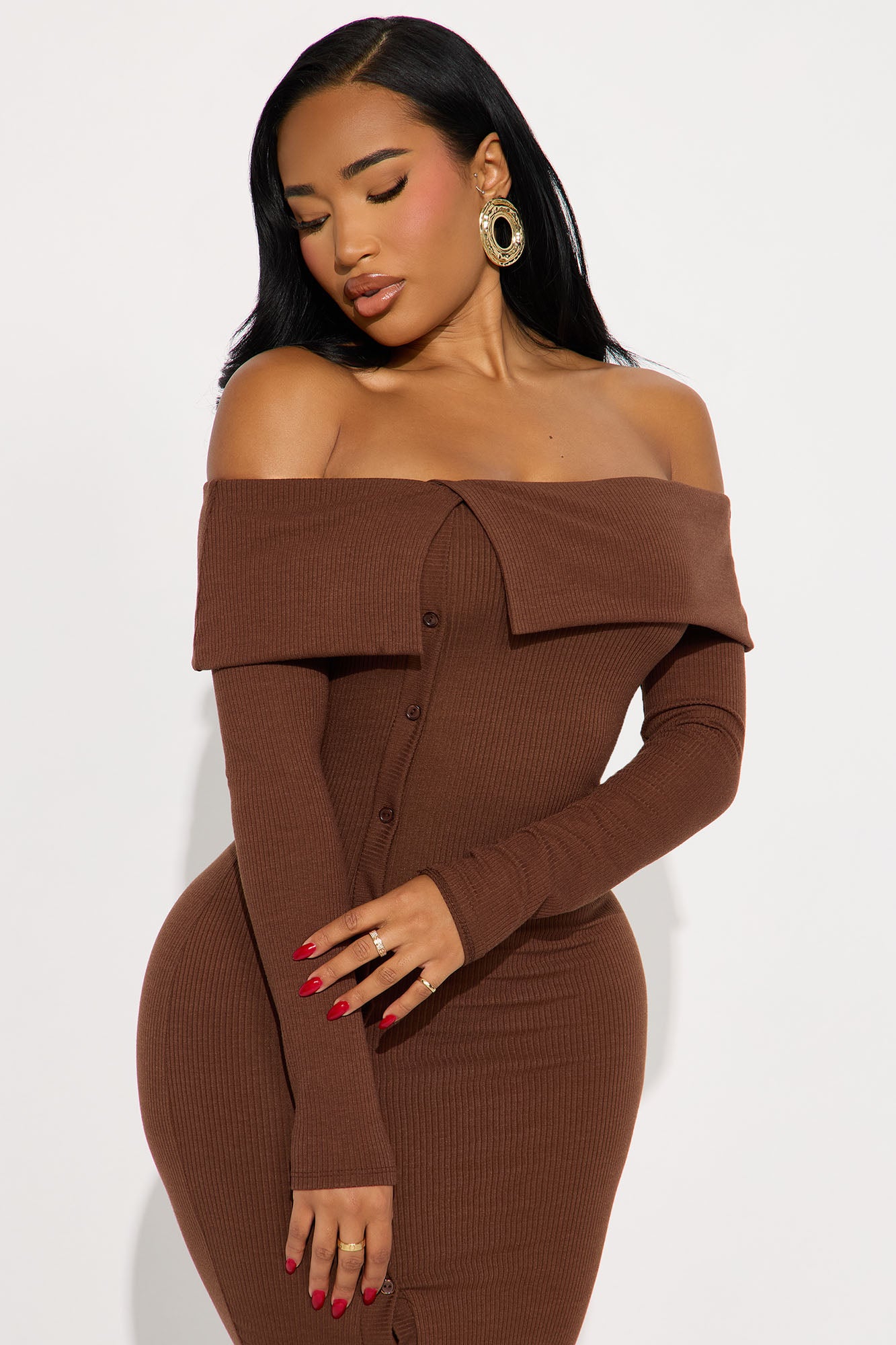 Leilani Off Shoulder Sweater Midi Dress - Chocolate