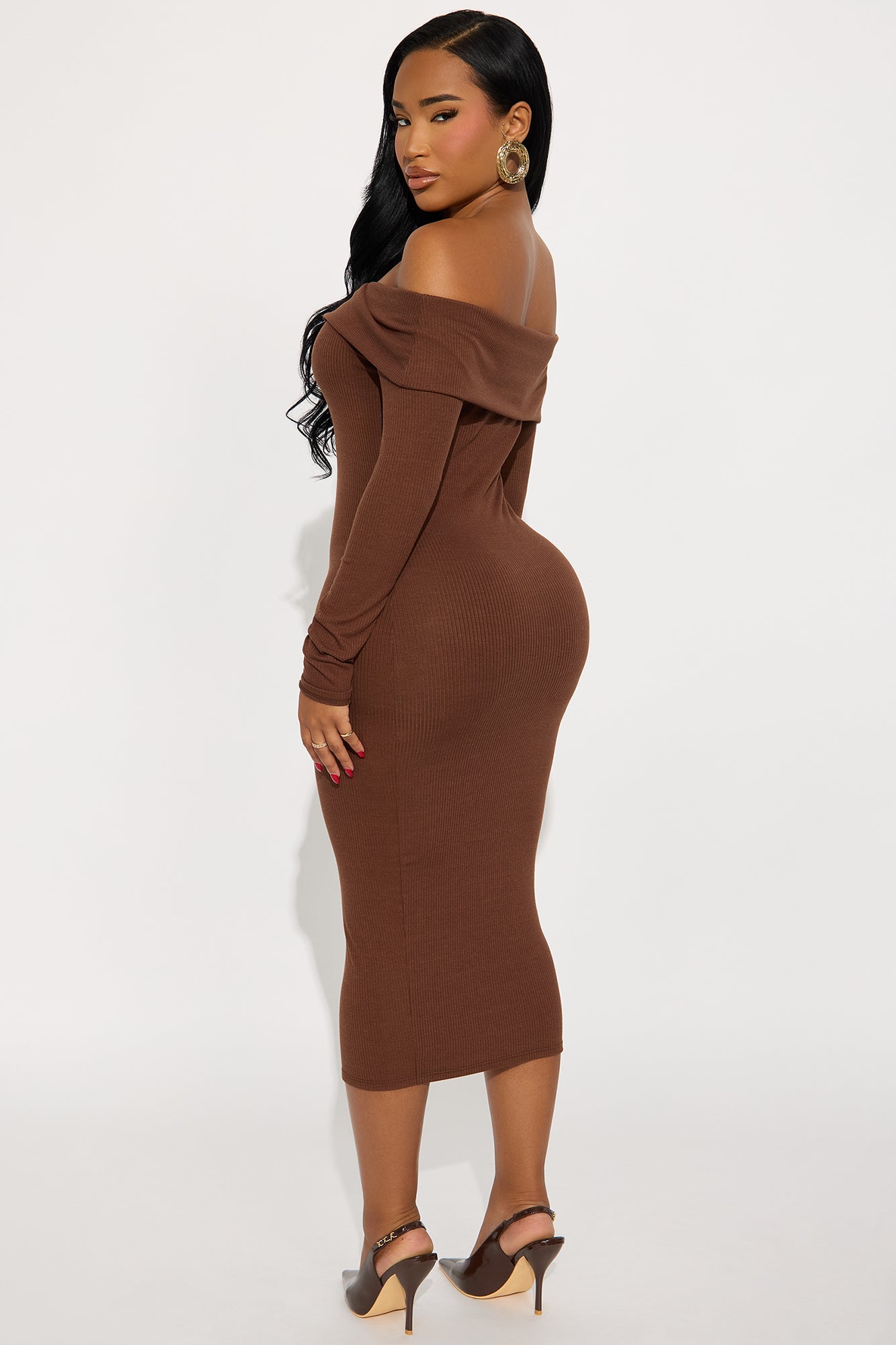 Leilani Off Shoulder Sweater Midi Dress - Chocolate