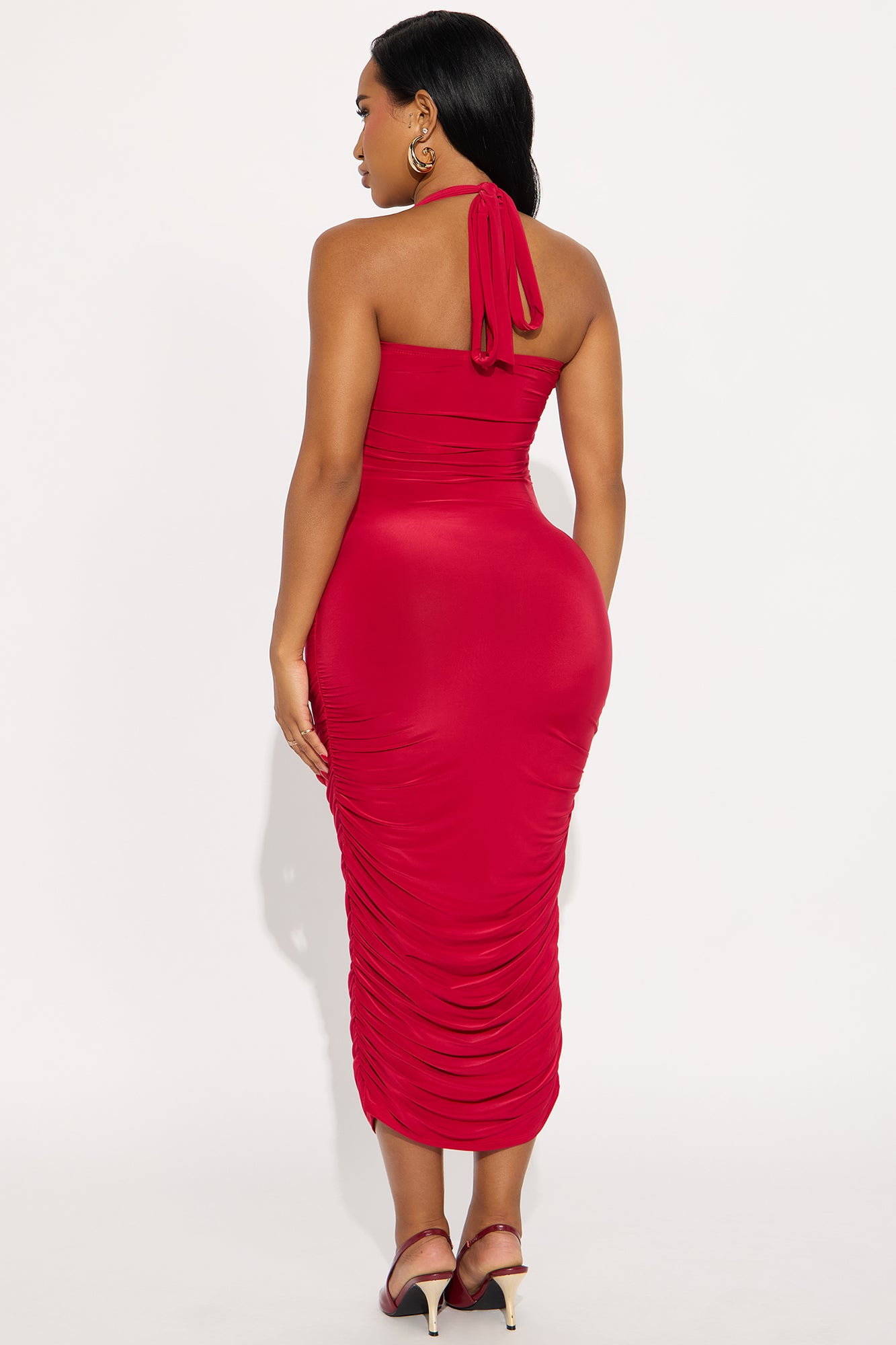 Rhea Ruched Halter Midi Dress - Red
