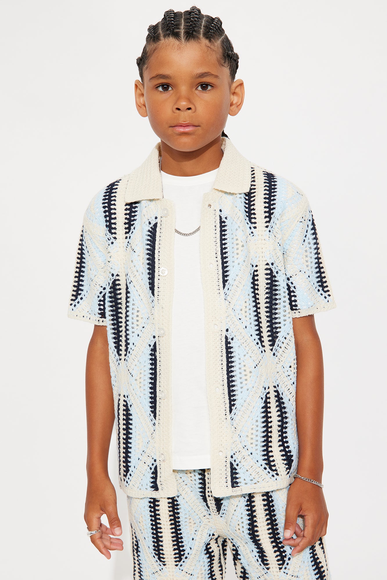 Mini Cropped Relaxed Triangles Knit Closed Collar Shirt - Blue/combo