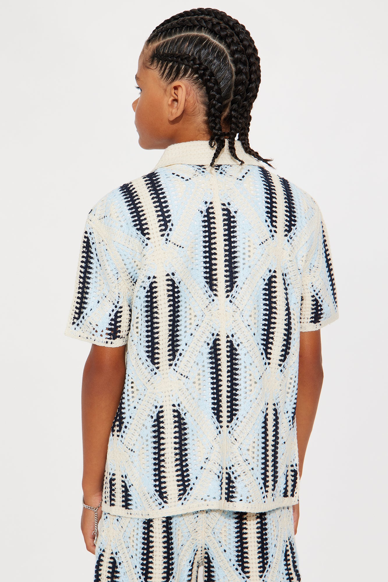 Mini Cropped Relaxed Triangles Knit Closed Collar Shirt - Blue/combo