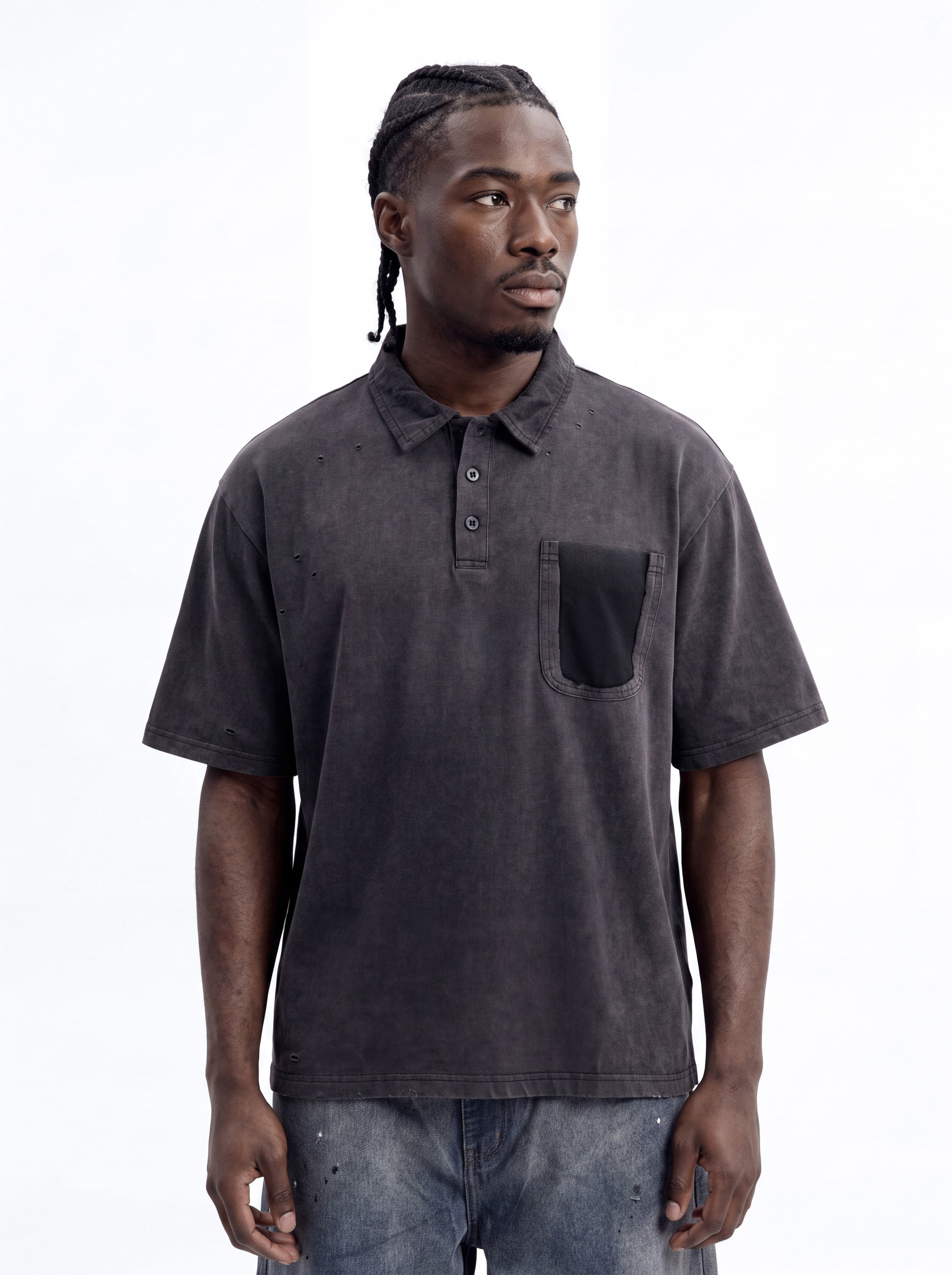 Inverse Pocket Wash Destructed Polo - Washed Black