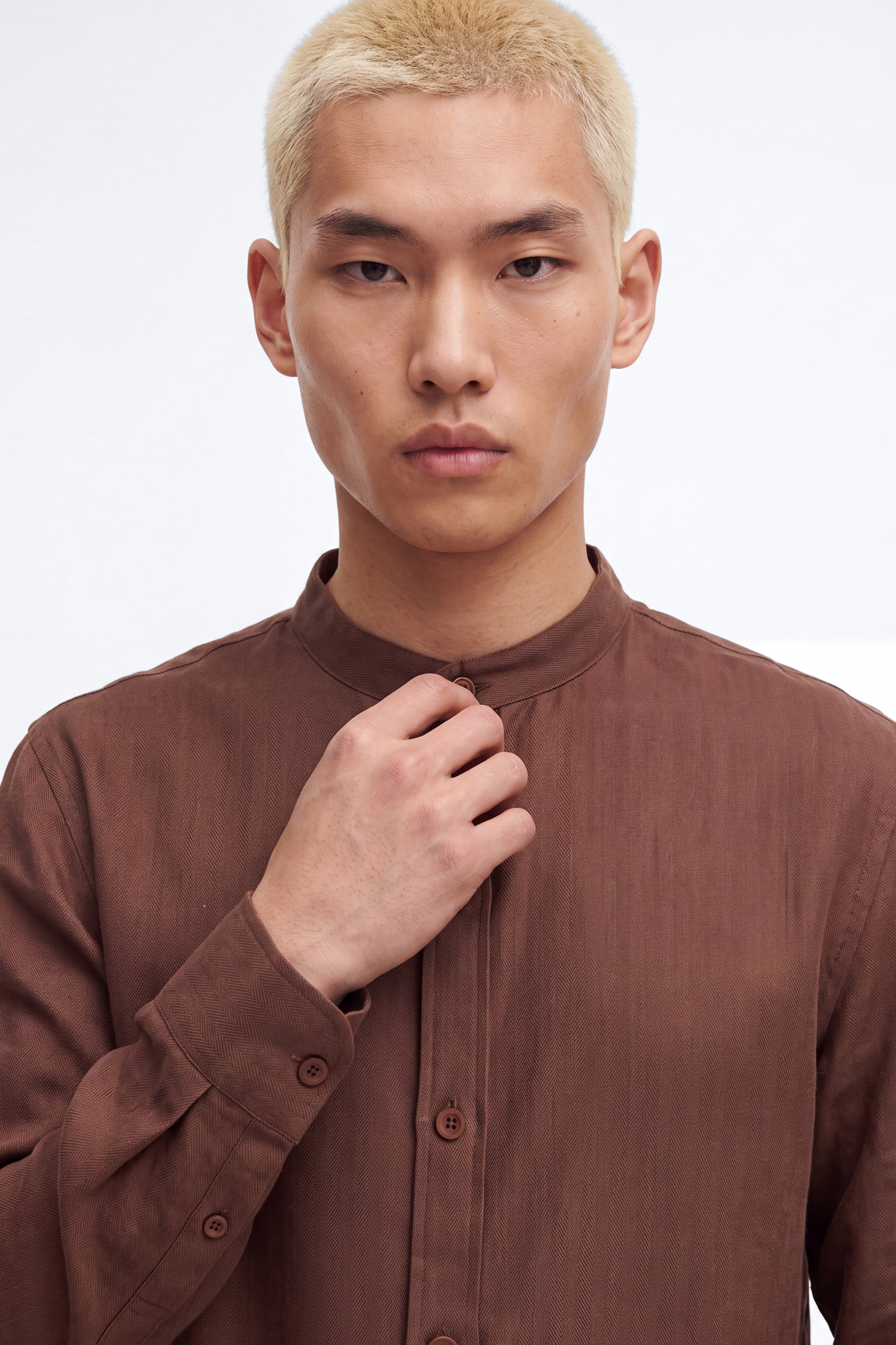 Linen Herringbone Chino Collar Button Up Shirt - LightBrown