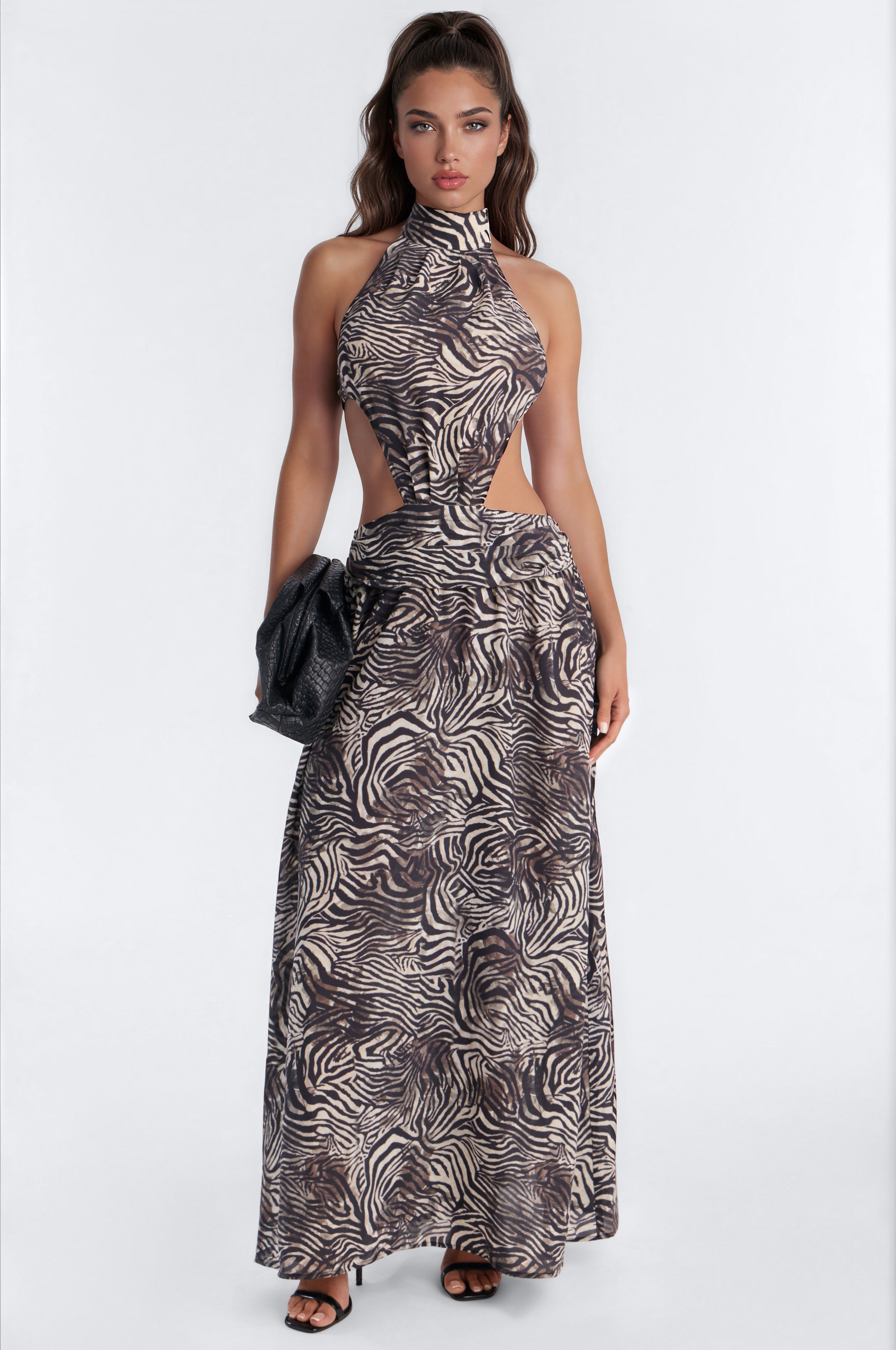 Skye Cut Out Chiffon Maxi Dress - Taupe/combo