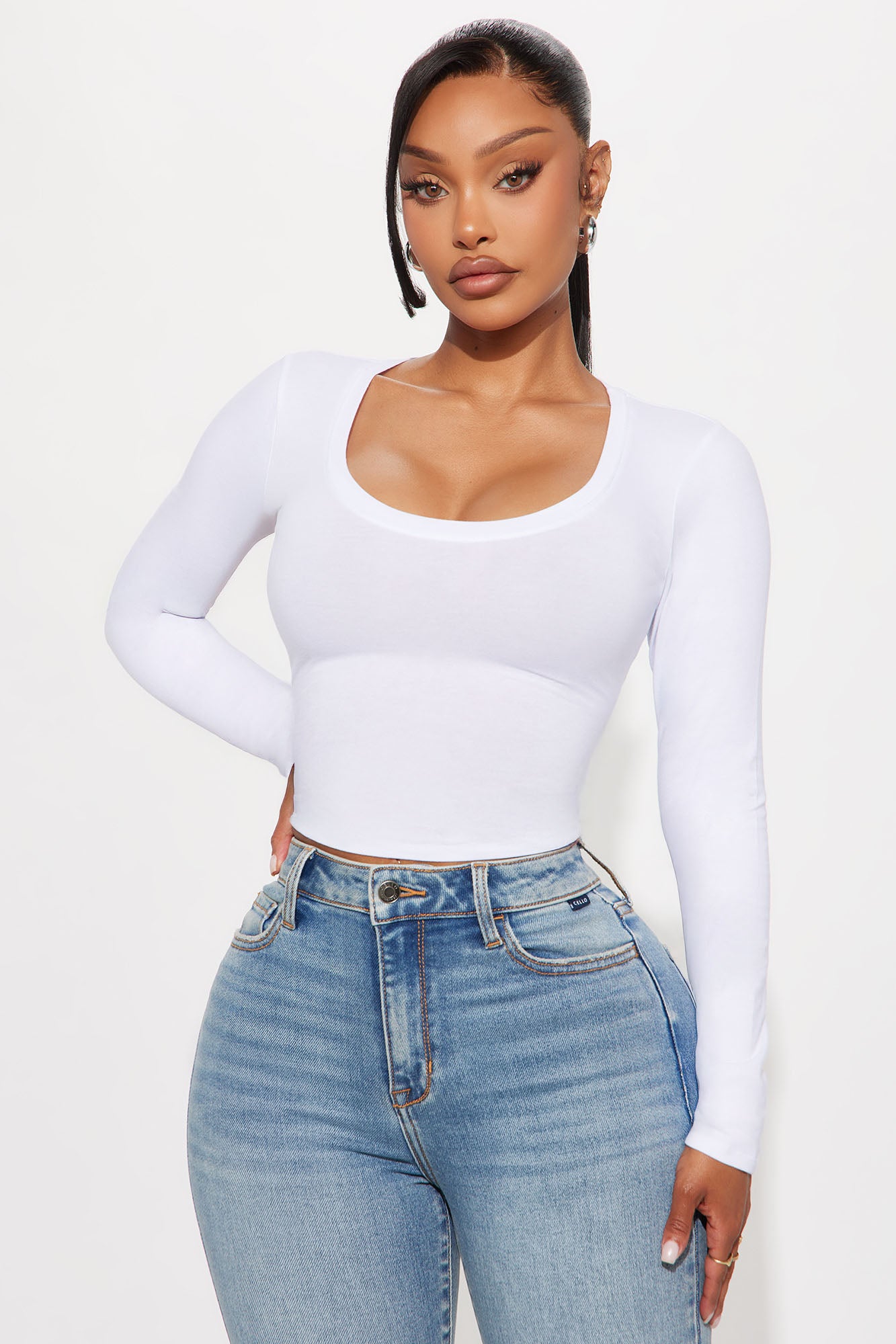 Diana Long Sleeve Scoop Neck Baby Tee - White