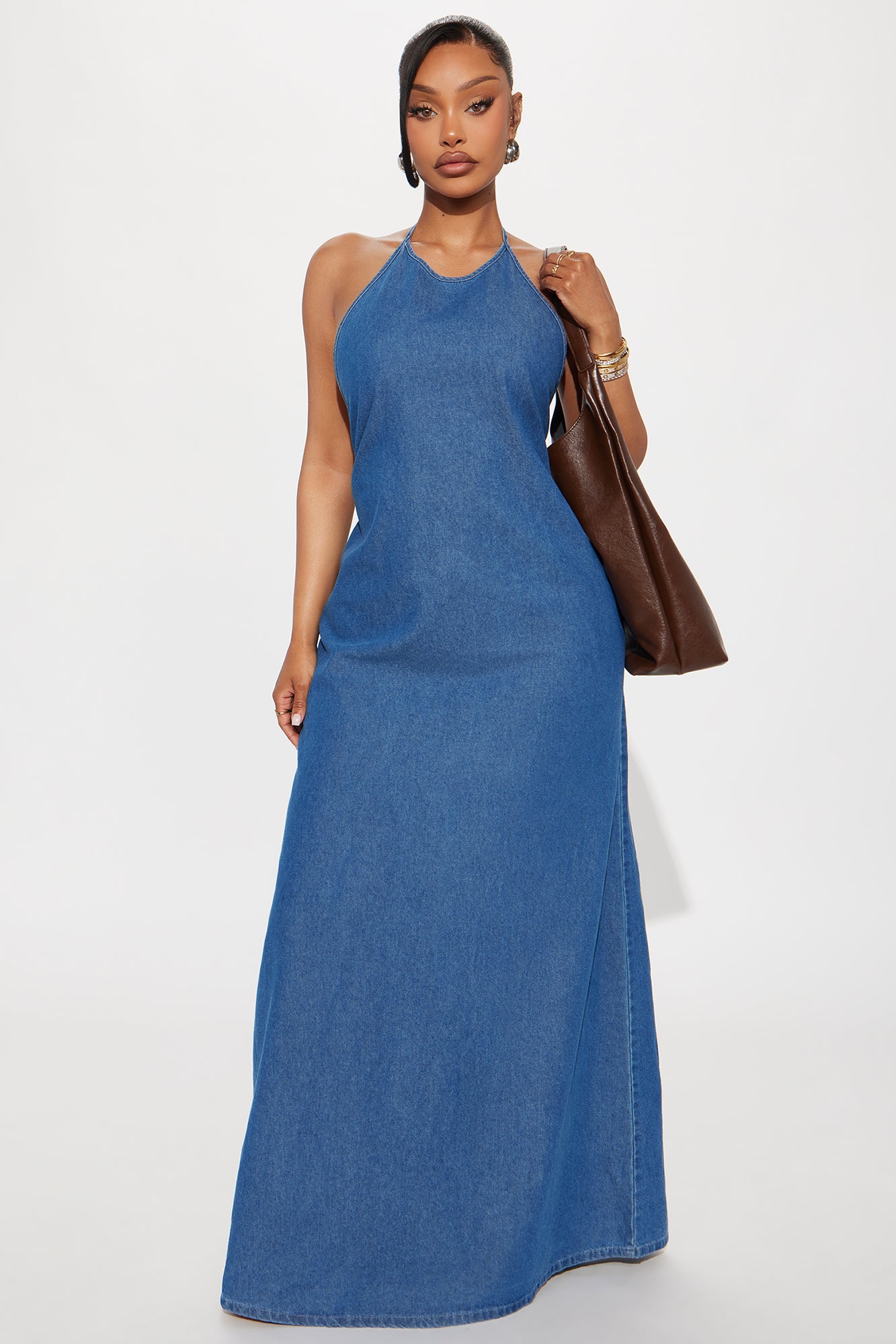 Gemma Backless Denim Halter Maxi Dress - Denim