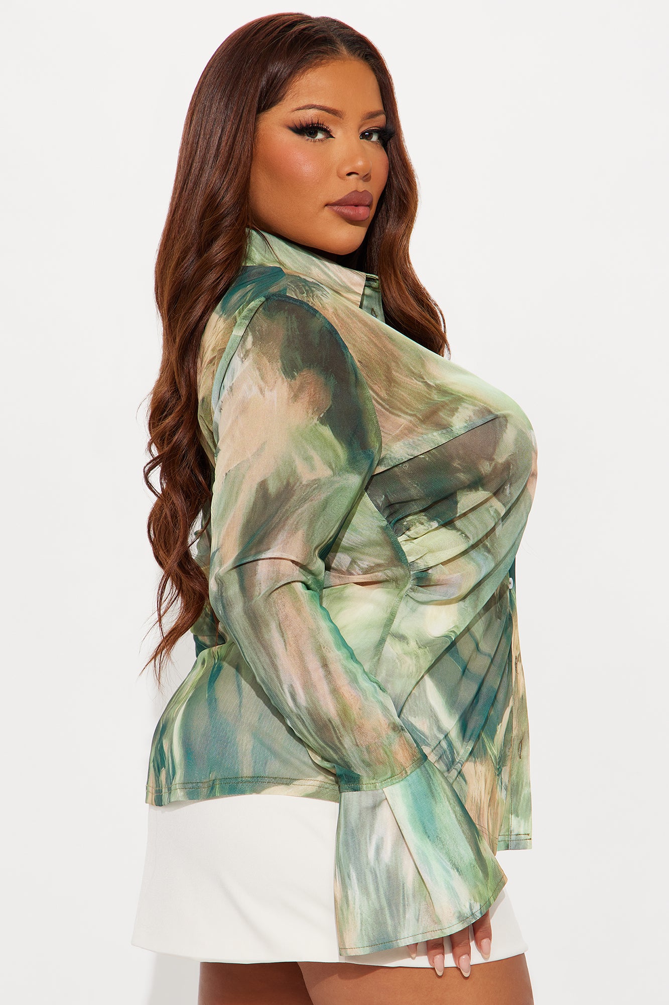 Lyra Mesh Button Up Shirt - Green/combo
