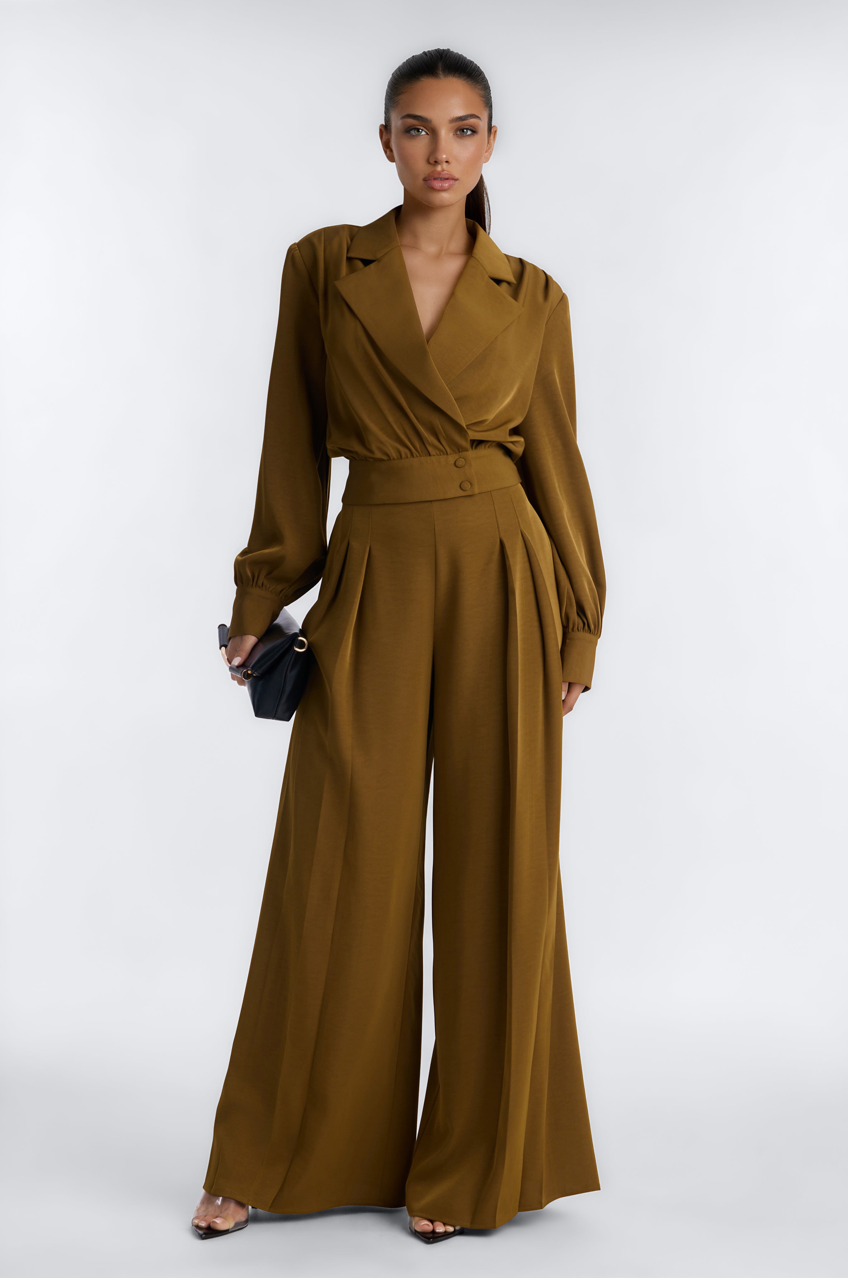 Ozella Pleated Wide Leg Pant Set - Olive