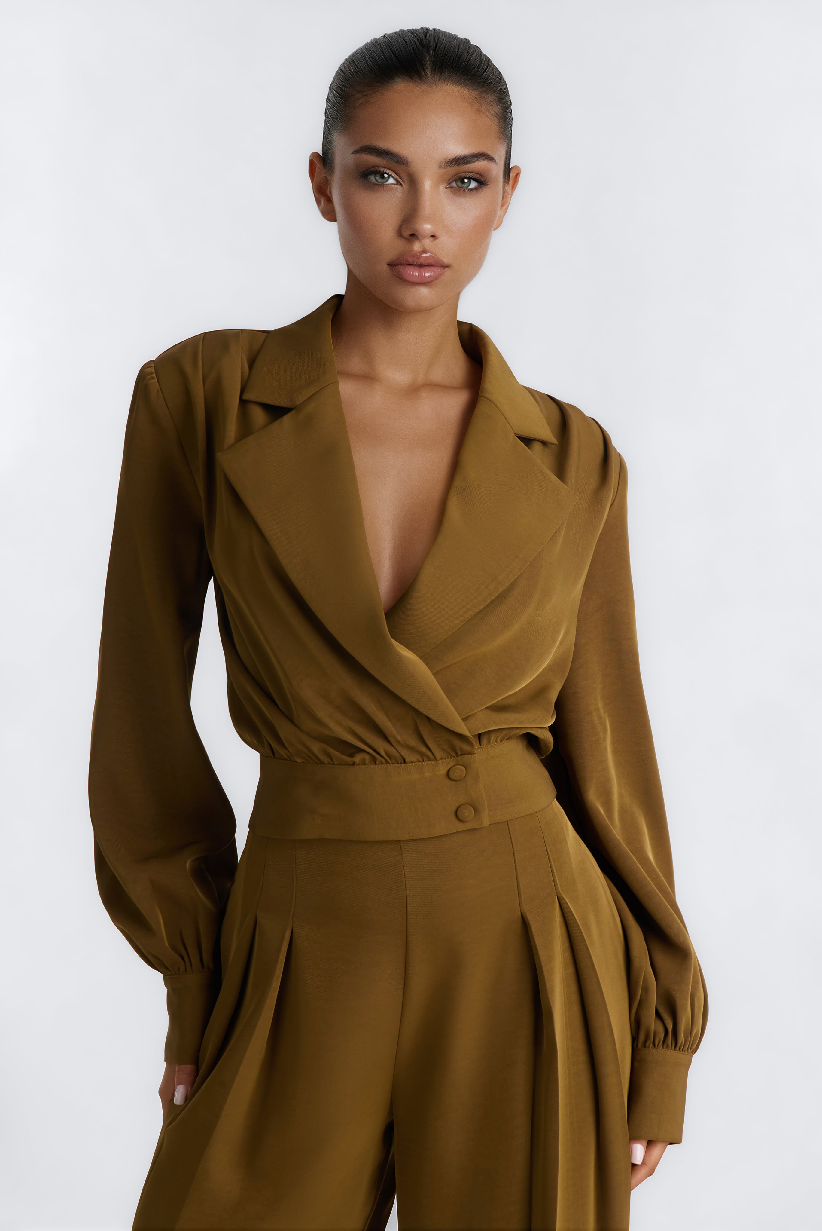 Ozella Pleated Wide Leg Pant Set - Olive