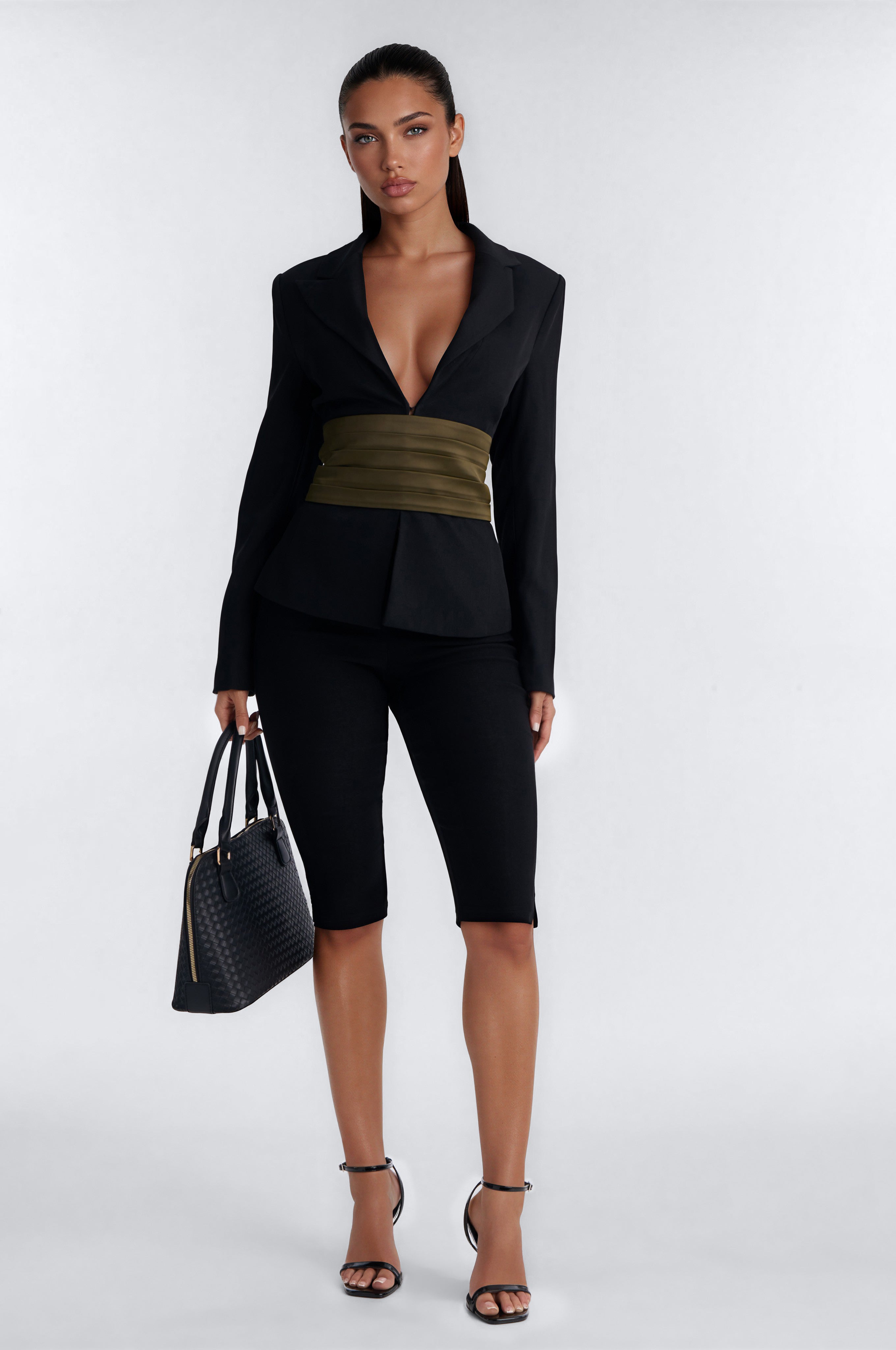 Juniper Plunging Cummerbund Belted Waist Blazer - Black